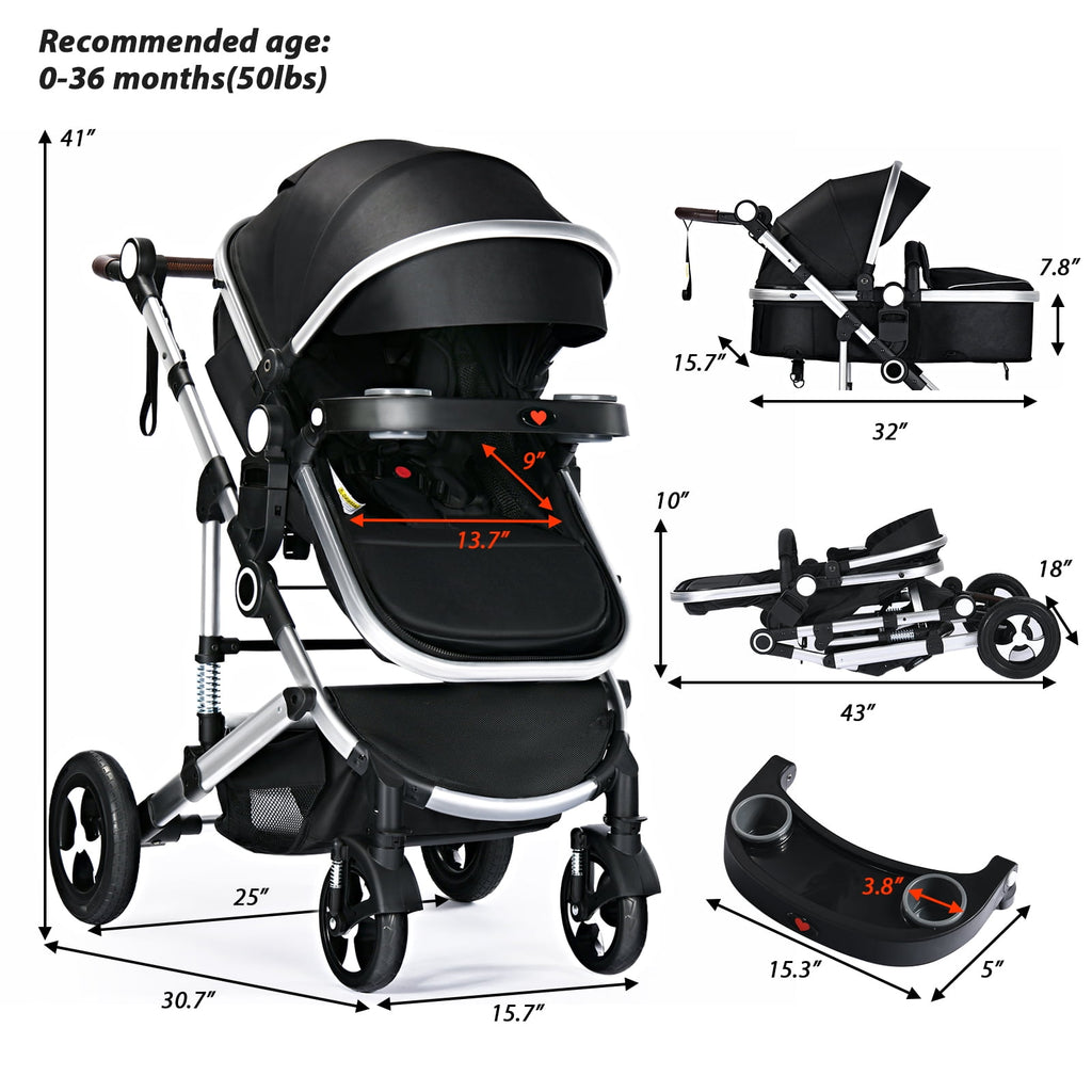 AILEEKISS 3 in 1 Baby Stroller, Convertible Newborn Bassinet Stroller Unisex Infant Carriage, Black