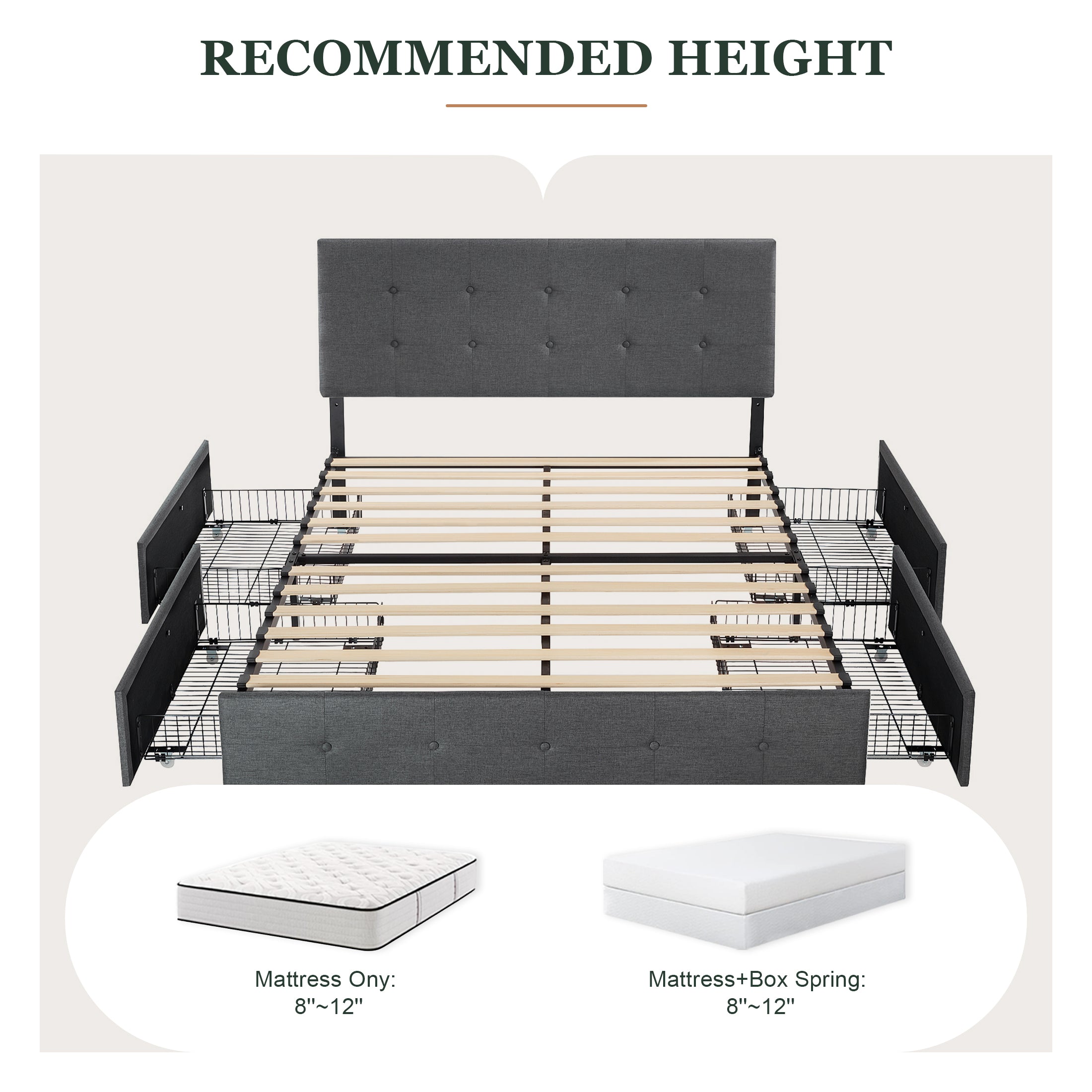 Amolife Queen Size Platform Bed Frame with Headboard and 4 Storage Drawers, Button Tufted Style, Mattress Not Included, Dark Gray