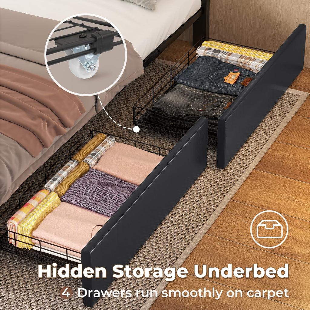 Afuhokles Queen Bed Frame with LED Lights Headboard, 4 Drawers,2 USB Charging Station, Upholstered Platform Bed, Dark Gray