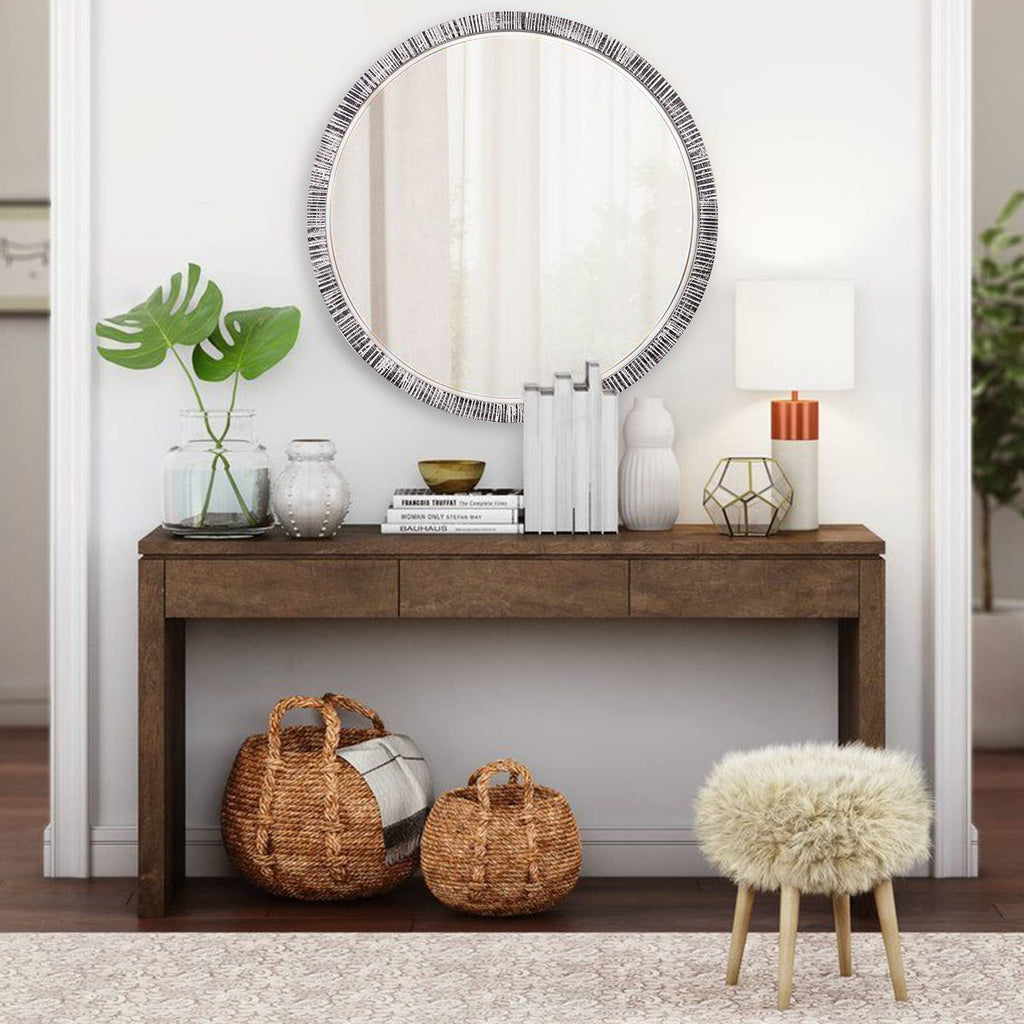 35" Wood Round Mirror, Rustic Wall Mirror with Thick Frame, Large Round Mirror for Wall Decor, Wooden Circle Beveled Mirror for Entryway, Farmhouse, Washed White