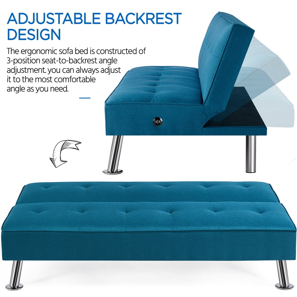 Alden Design Modern Fabric Convertible Futon with USB, Blue