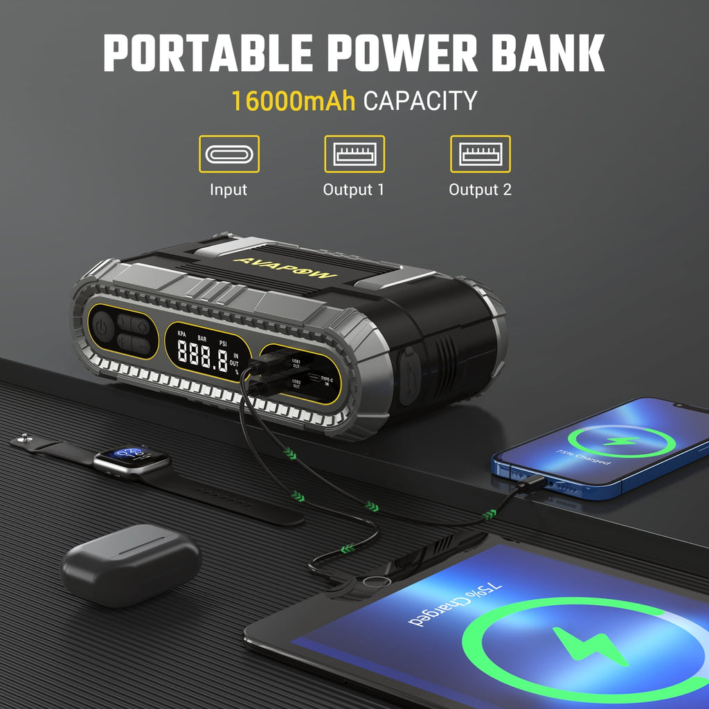 AVAPOW Jump Starter with Air Compressor, 2000A Battery Jump Starter (up to 8.0L Gas/6.0L Diesel Engines), 150PSI Digital Tire Inflator, 12V Jump Box with Emergency Light