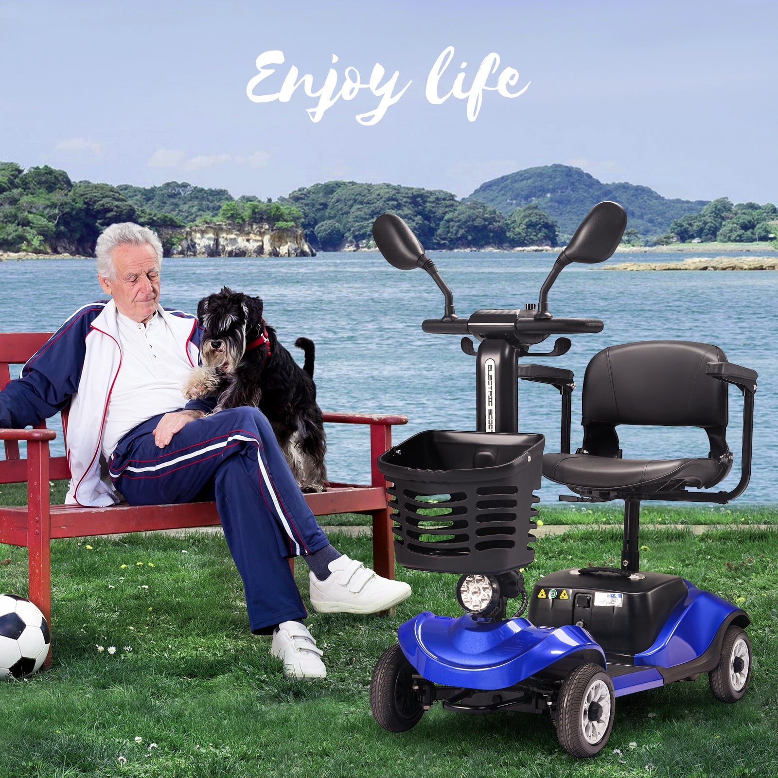 4 Wheels Mobility Scooter Electric Mobility Scooter Wheelchair w/Basket and Extended Battery for Seniors Adults Blue