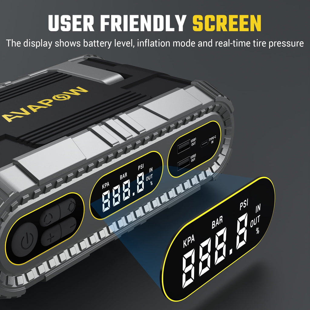 AVAPOW Jump Starter with Air Compressor, 2000A Battery Jump Starter (up to 8.0L Gas/6.0L Diesel Engines), 150PSI Digital Tire Inflator, 12V Jump Box with Emergency Light