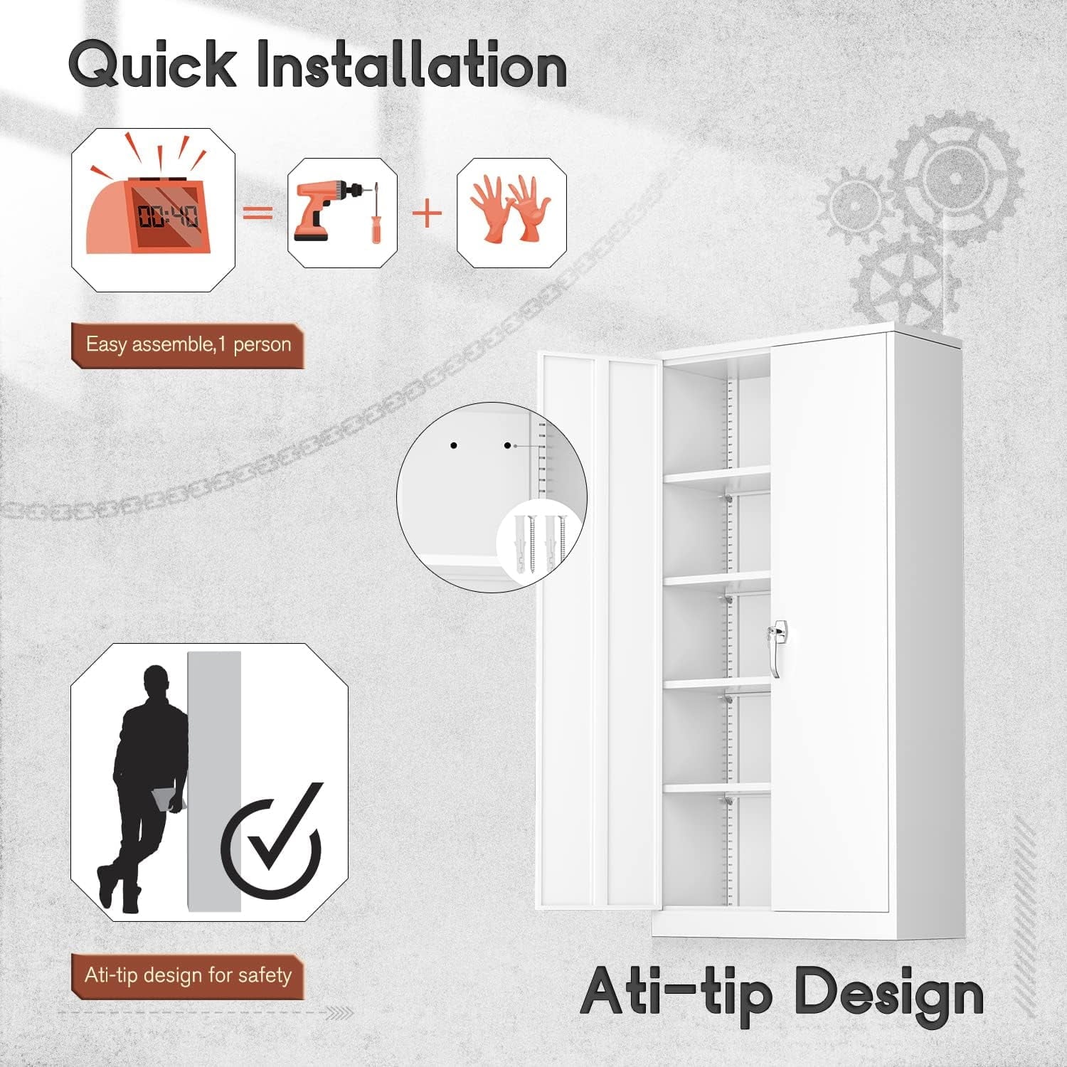 71" Metal Garage Storage Cabinet with Locking Doors and Adjustable Shelves for Home, Office(Black)