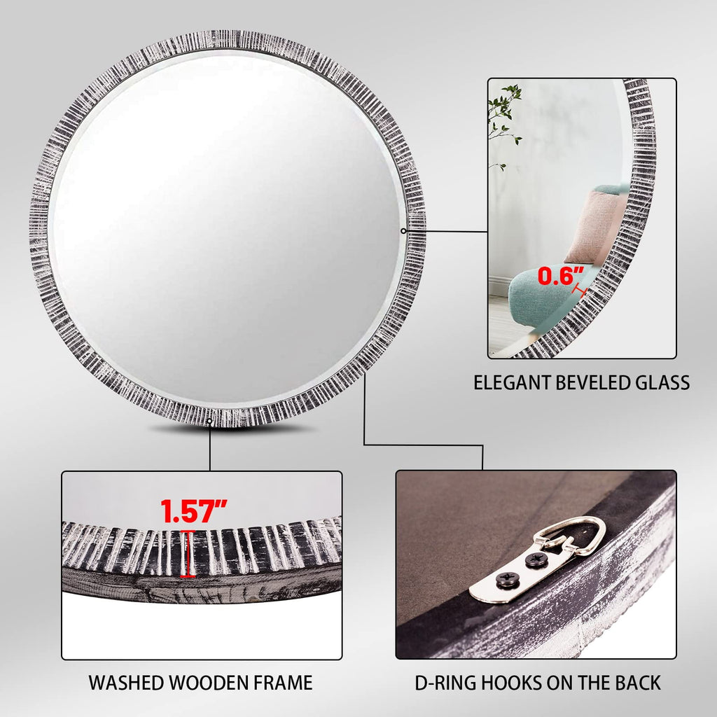 35" Wood Round Mirror, Rustic Wall Mirror with Thick Frame, Large Round Mirror for Wall Decor, Wooden Circle Beveled Mirror for Entryway, Farmhouse, Washed White