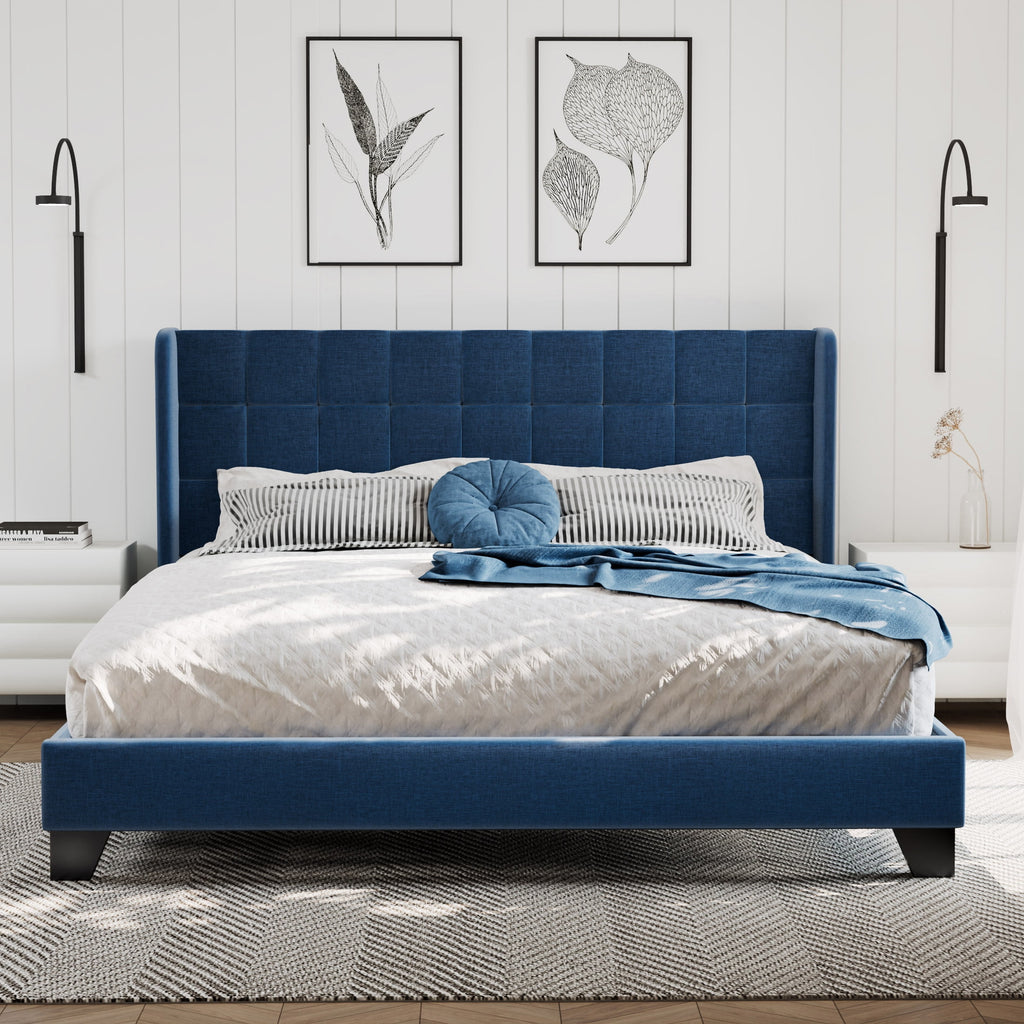 Amolife Queen Size Platform Bed with Wingback Headboard, Square Stitched Style, Dark Grey