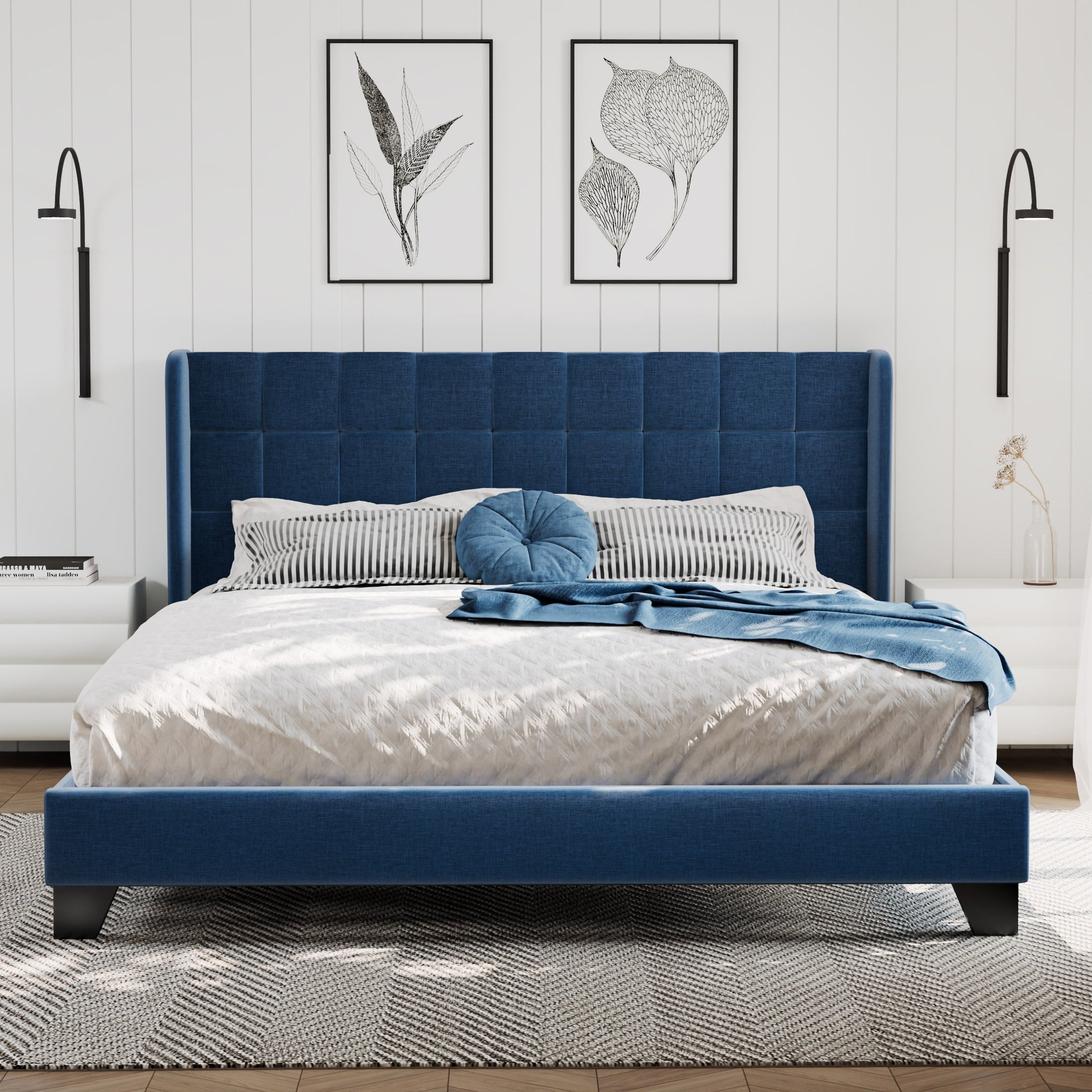 Amolife Queen Size Platform Bed with Wingback Headboard, Square Stitched Style, Dark Grey