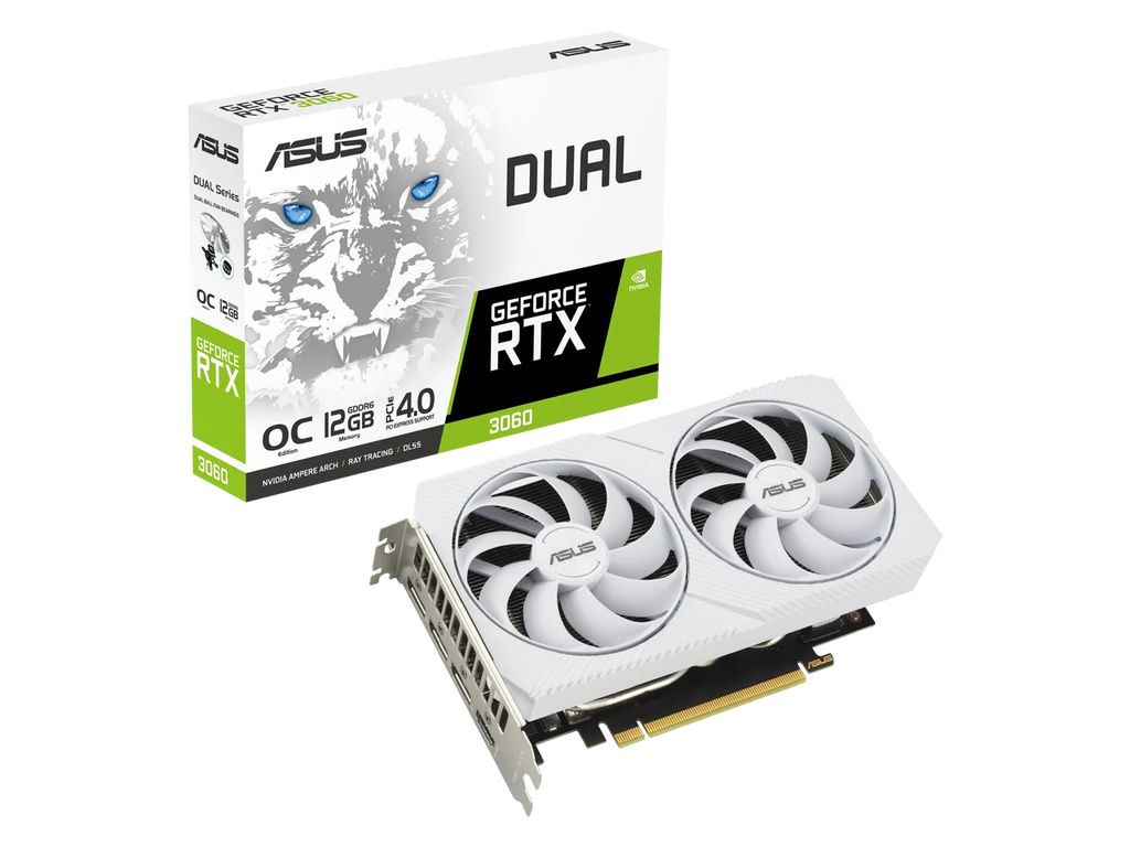 ASUS Dual GeForce RTX 3060 White OC Edition 12GB GDDR6 (PCIe 4.0, 12GB GDDR6, HDMI 2.1, DisplayPort 1.4a, 2-slot design, Axial-tech fan design, 0dB technology) DUAL-RTX3060-O12G-WHITE