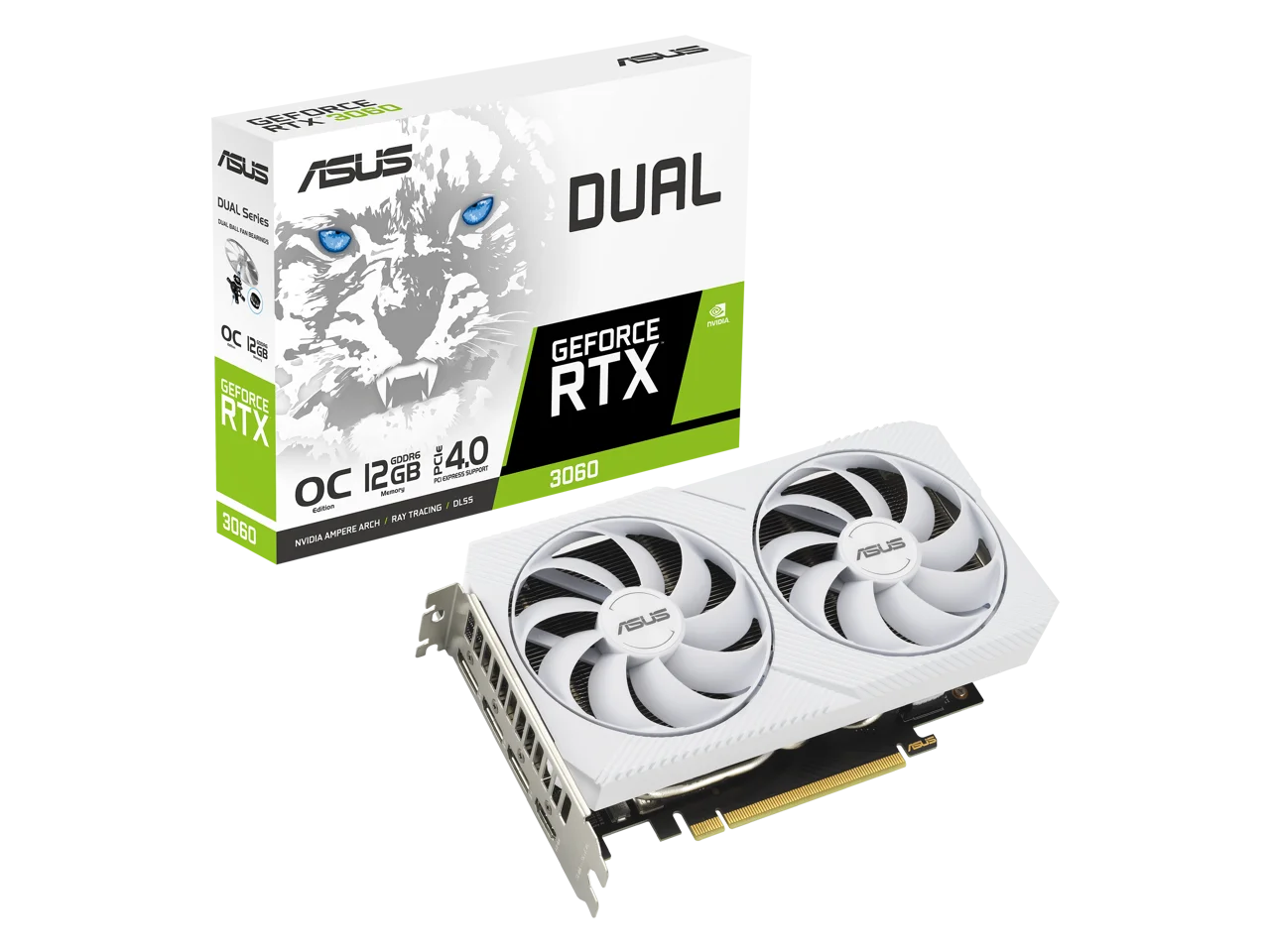 ASUS Dual GeForce RTX 3060 White OC Edition 12GB GDDR6 (PCIe 4.0, 12GB GDDR6, HDMI 2.1, DisplayPort 1.4a, 2-slot design, Axial-tech fan design, 0dB technology) DUAL-RTX3060-O12G-WHITE