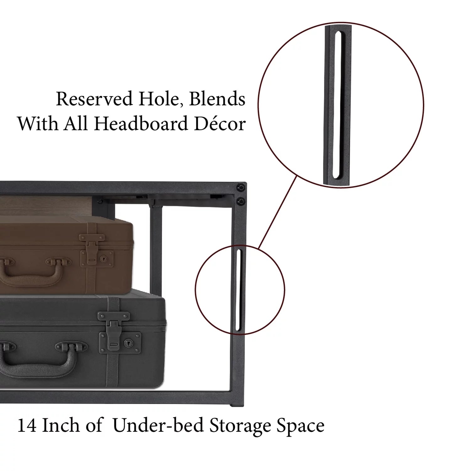 Amolife Queen Size Platform Bed Frame with Rustic Wood, Metal Slats, Black