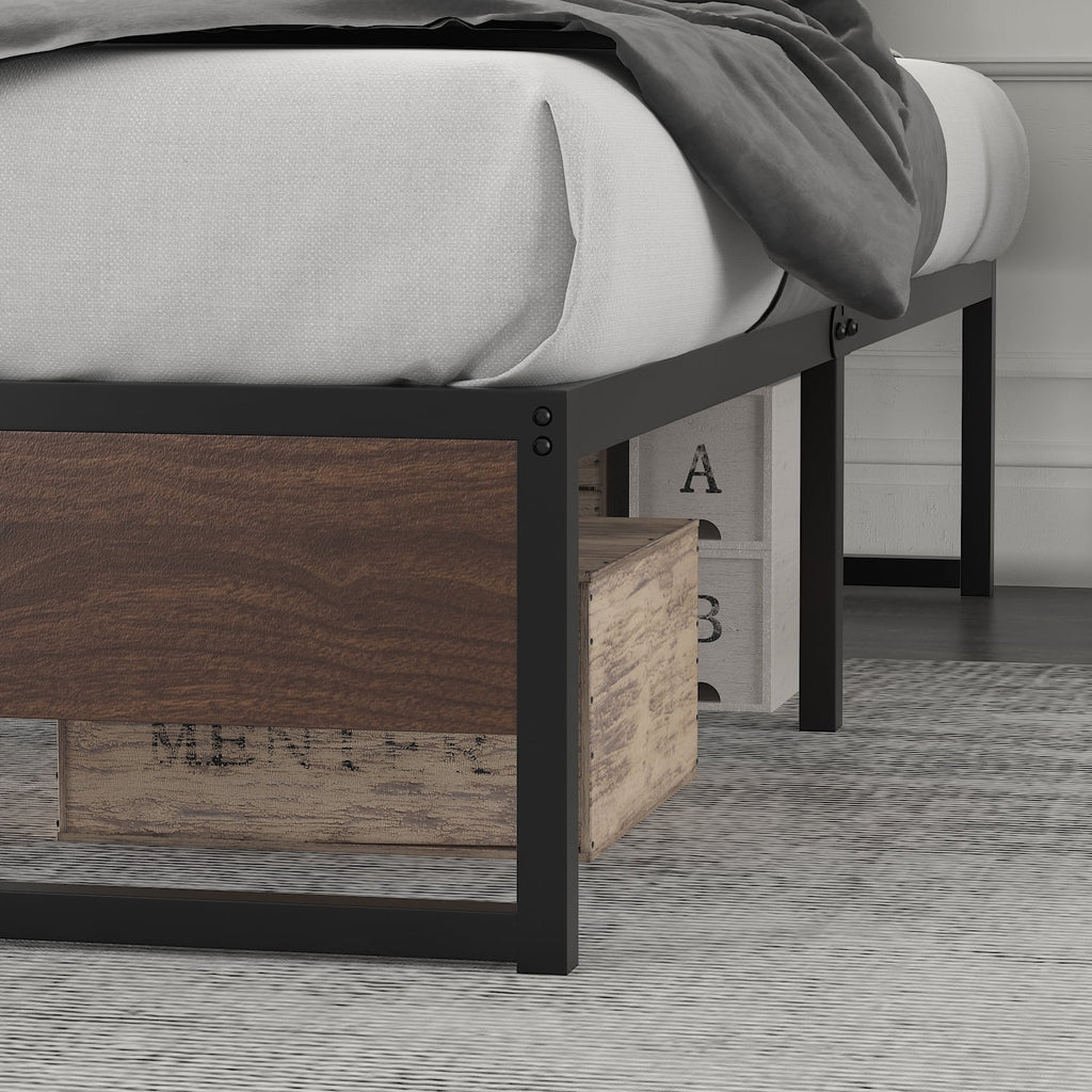 Amolife Queen Size Platform Bed Frame with Rustic Wood, Metal Slats, Black