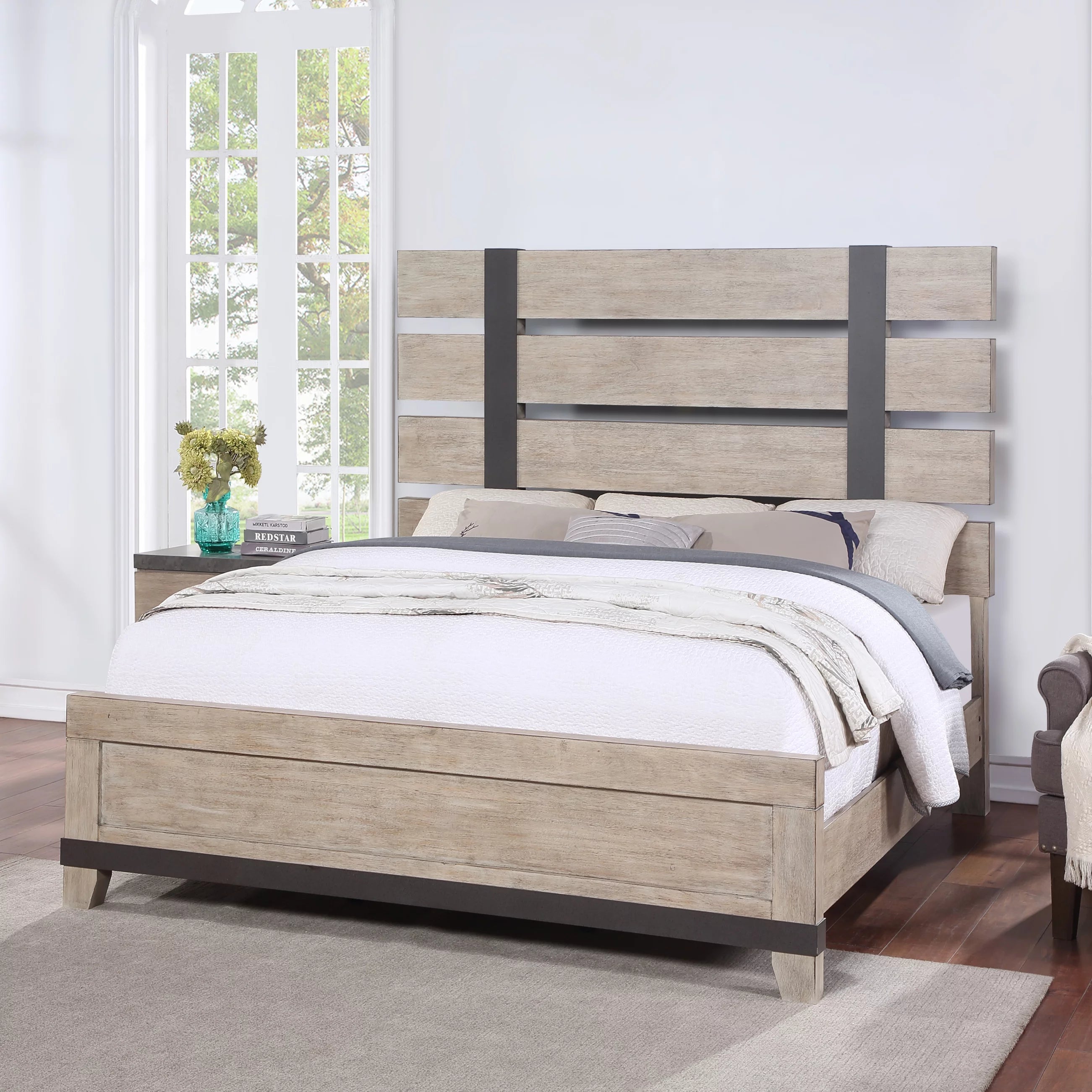 Arbela Wood Slatted Panel Bed, Queen, Weathered Oak Finish