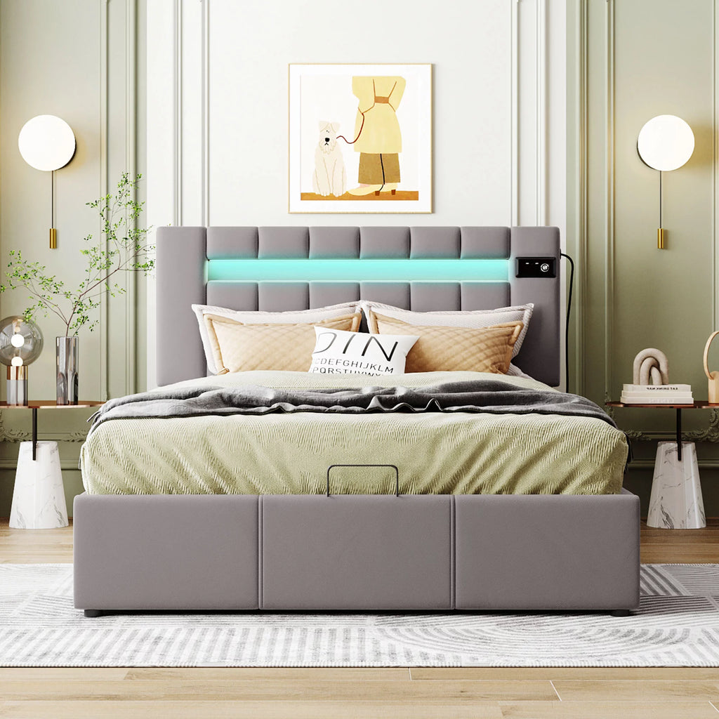 Bellemave Full Size Bed Frame with Storage and LED Light, Lift Up Upholstered Platform Bed with Bluetooth Player and USB Charging, Velvet Fabric Hydraulic Storage Bed (Gray)