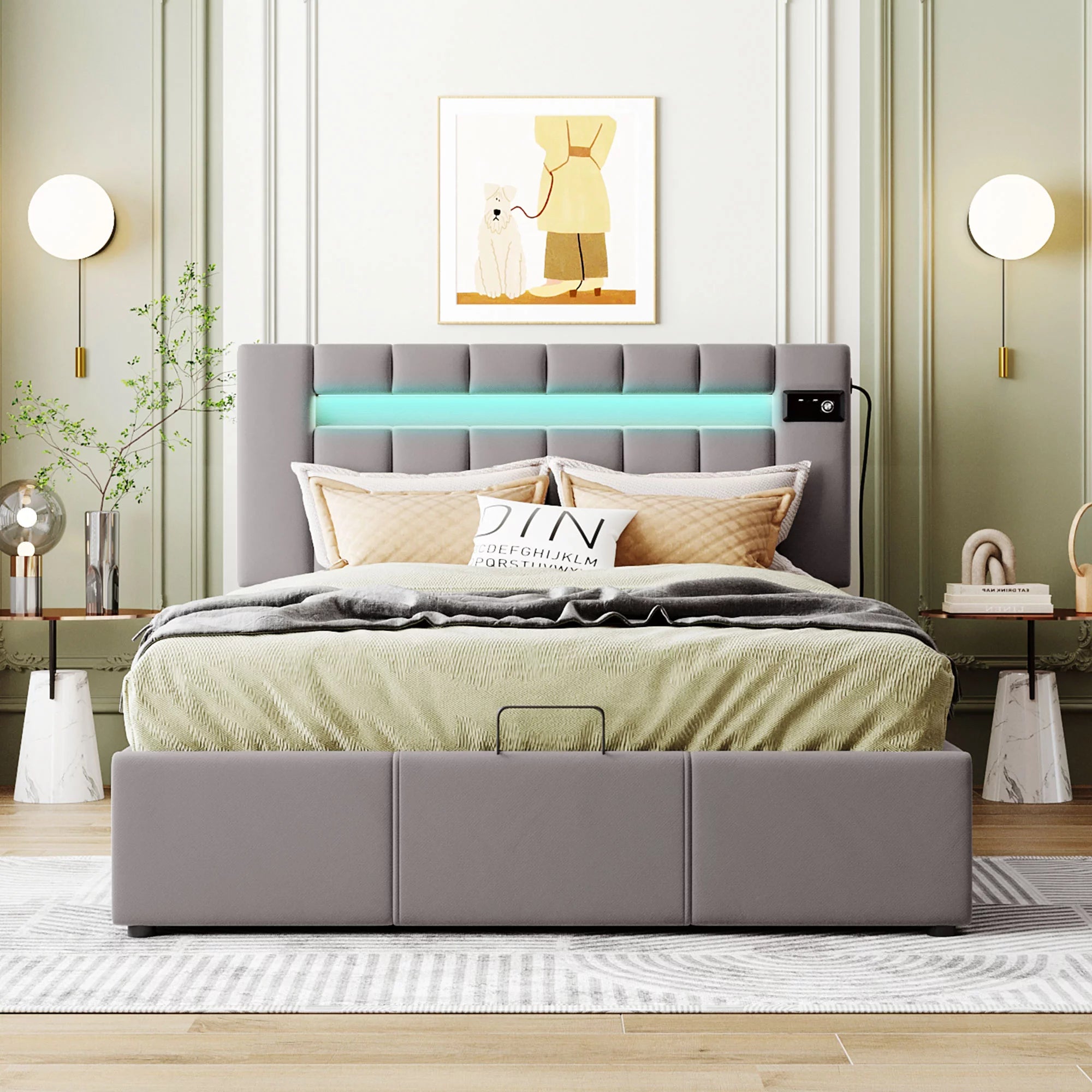 Bellemave Full Size Bed Frame with Storage and LED Light, Lift Up Upholstered Platform Bed with Bluetooth Player and USB Charging, Velvet Fabric Hydraulic Storage Bed (Gray)