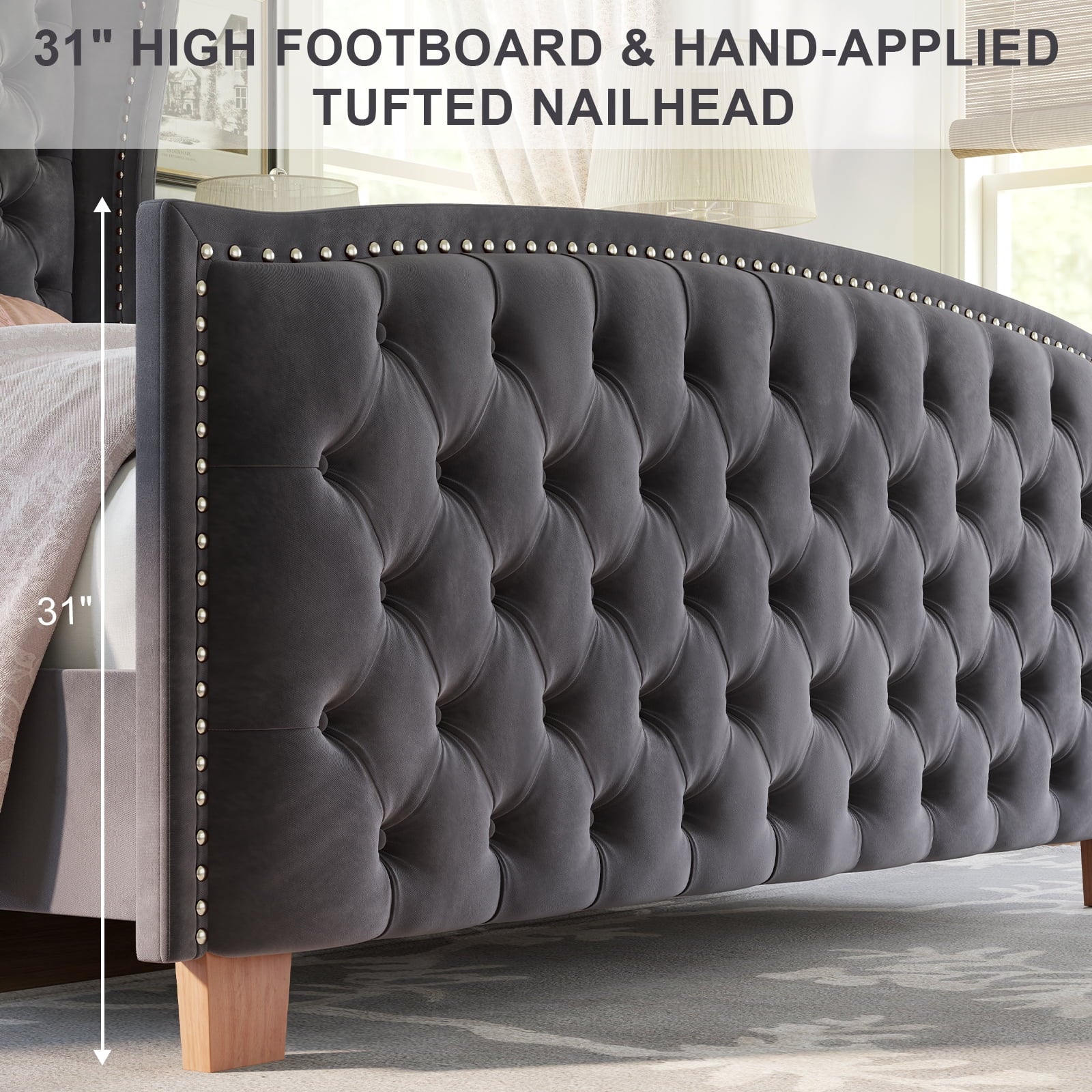 Amerlife 62" High Queen Size Platform Bed Frame, Grey