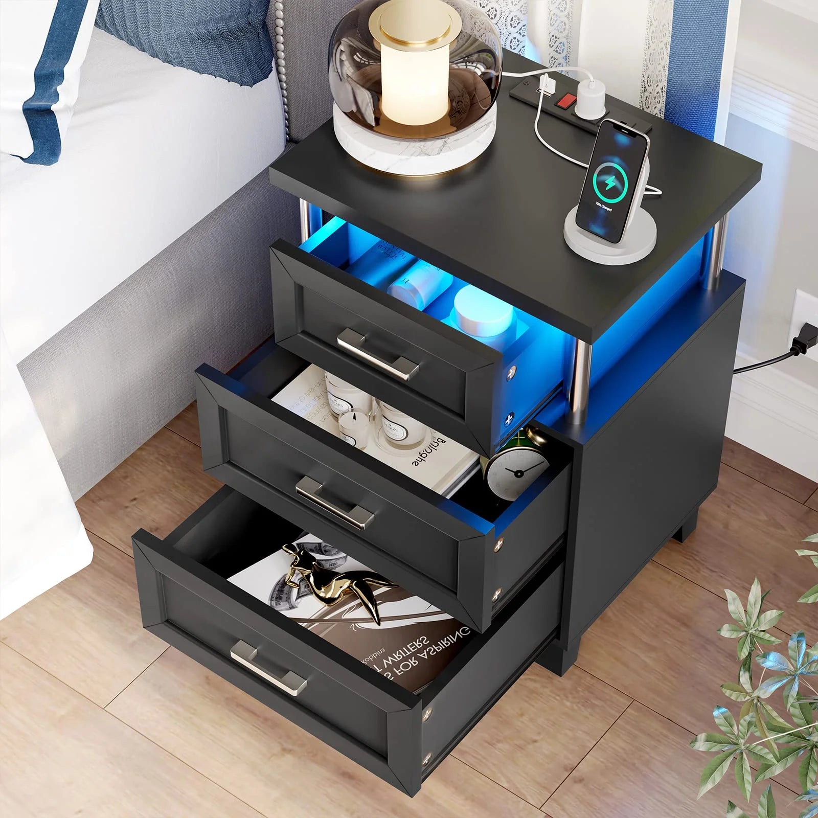 Afuhokles LED Nightstand with Charging Station, RGB Lights Night Stand for Bedroom, Bedside Table End Table with 3 Drawers, Black