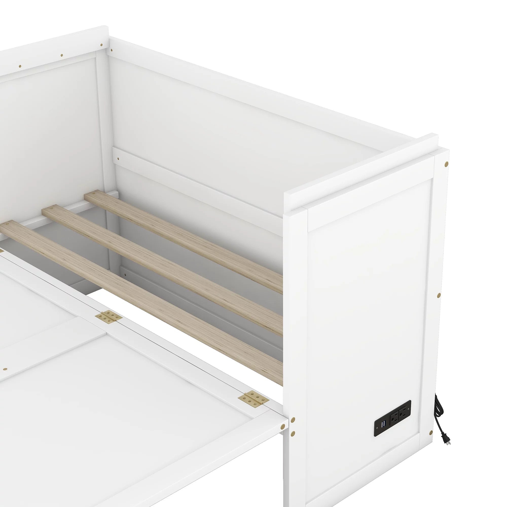 Bed Frame Wood Platform Bed with USB Port and a Large Drawer, Headboard and Guardrail, Wood Slat Support Bedframe No Box Spring Need Mattress Foundation(White, Full)