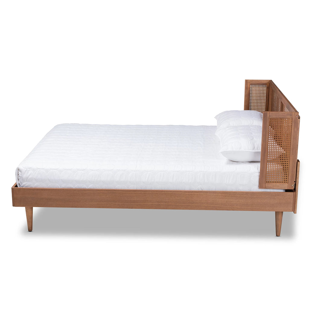 Baxton Studio Rina MidCentury Modern Ash Wanut Finished Wood and Synthetic Rattan Full Size Platform Bed with WrapAround Headboard