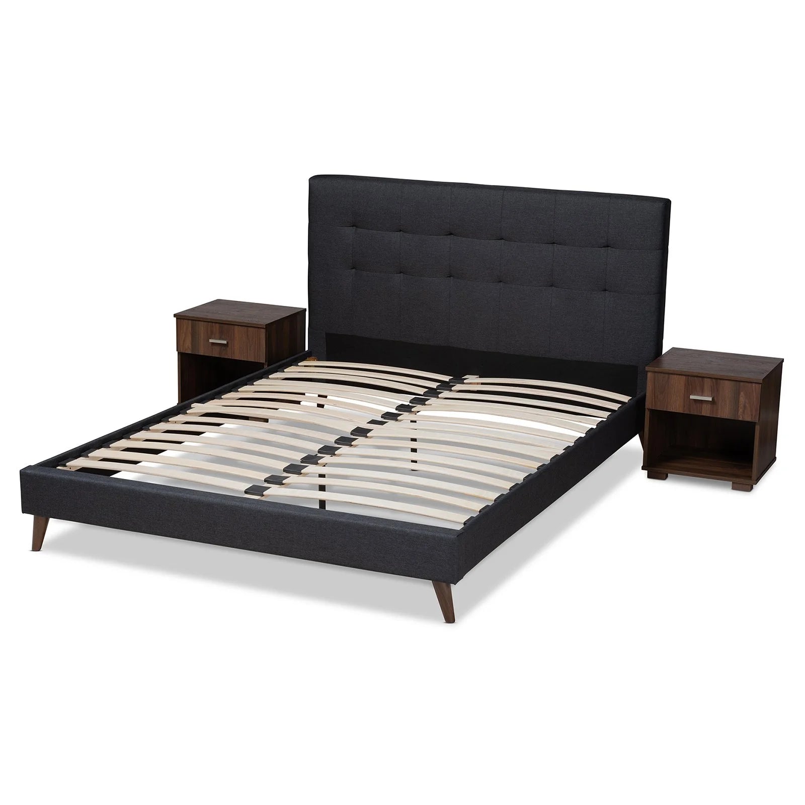 Baxton Studio Maren Mid-Century Modern Light Grey Fabric Upholstered Queen Size Platform Bed with Two Nightstands