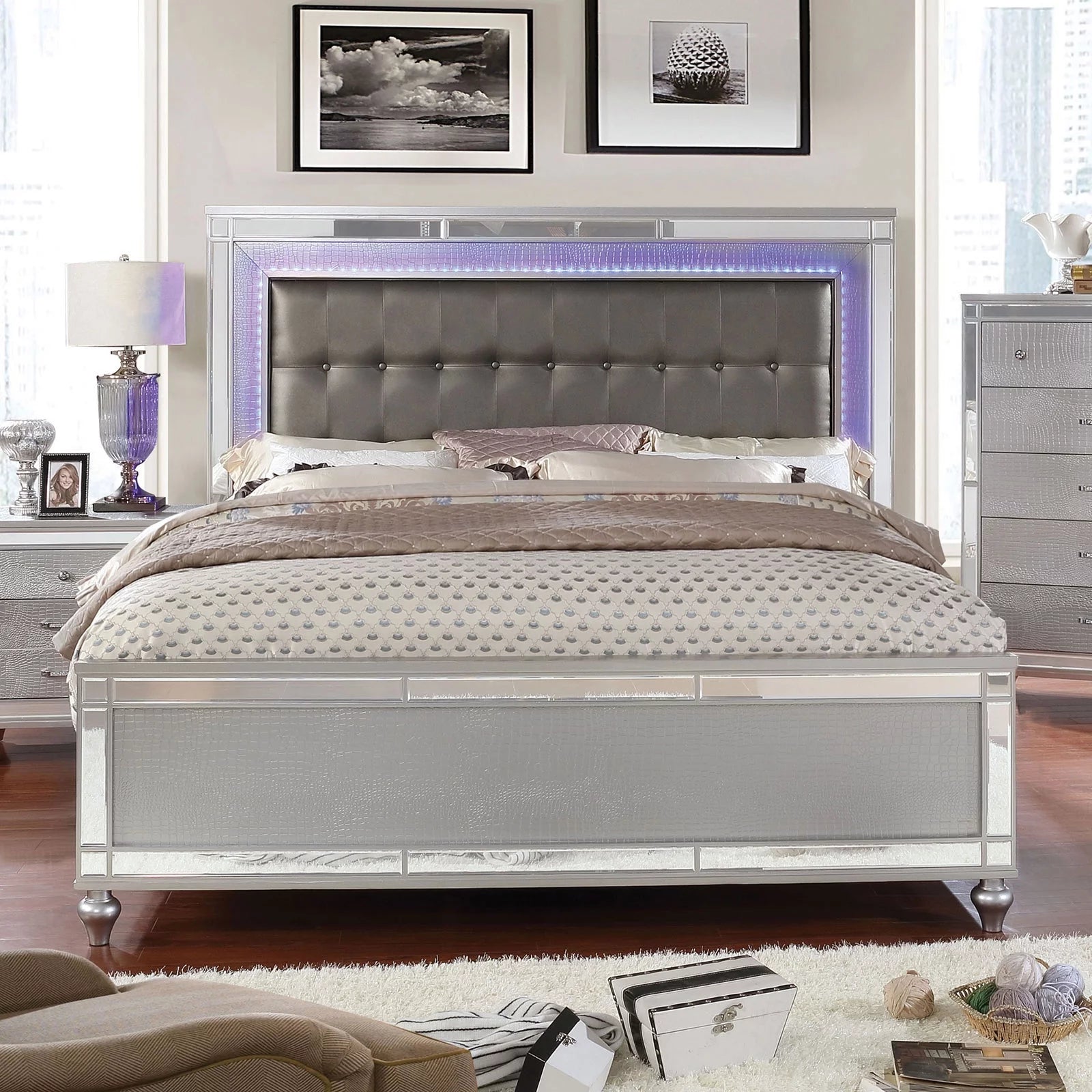 3pc Bedroom Furniture Silver Cal King Size Bed And 2x Nightstands LED Gray Leatherette Headboard Crocodile Texture Footboard