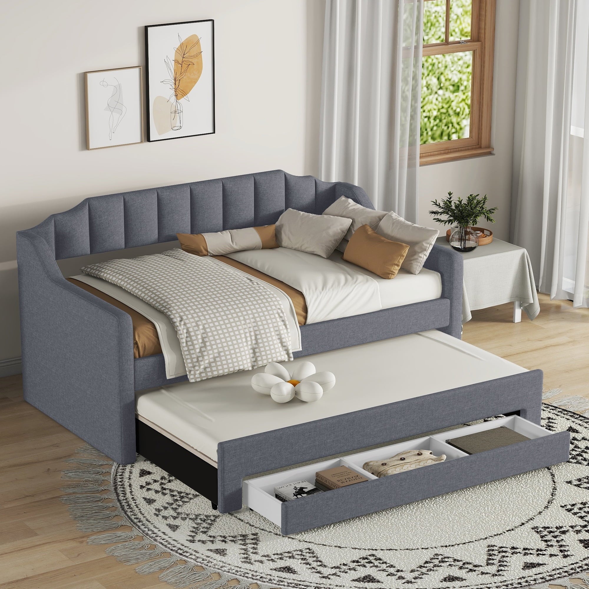 Bellemave Upholstered Daybed with Trundle and 3 Drawers, Twin Size Daybed Frame with Storage, Sofa Bed for Bedroom, Living Room, Guest Room (Gray)
