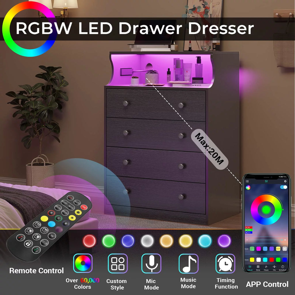 4 Drawer Dresser with LED Lights and Charging Station, Wide Chest of Drawers for Bedroom, Black
