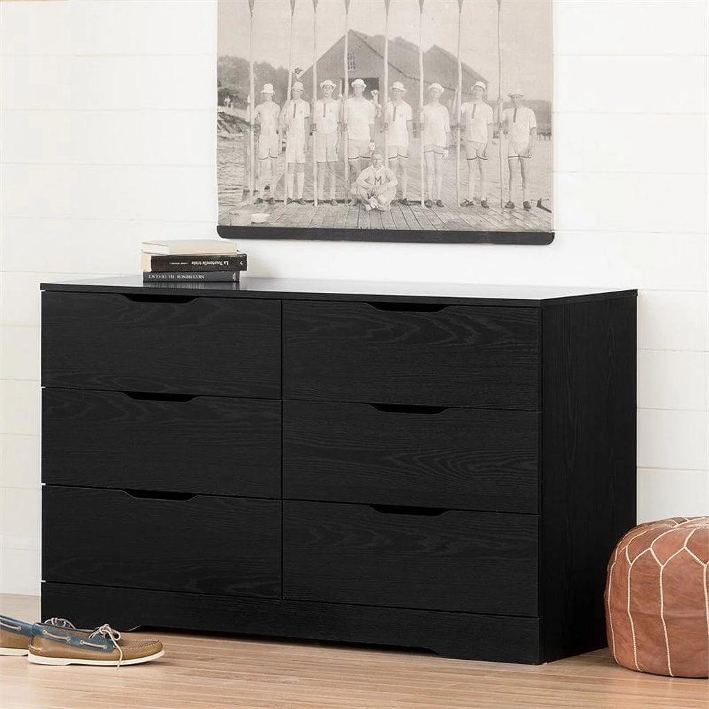 6 Drawer Double Dresser and 1 Drawer Nightstand Bedroom Set in Black Oak