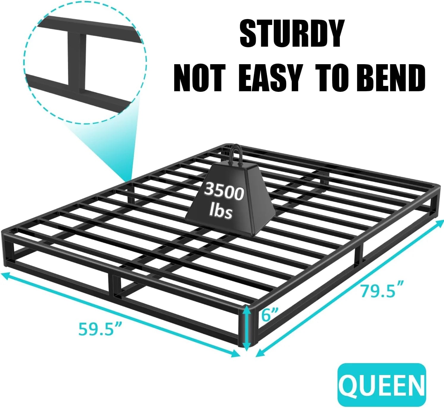 6 Inch Queen Bed Frame with Round Corner Edges, Low Profile Queen Metal Platform Bed Frame with Steel Slat Support, No Box Spring Needed/Easy Assembly/Noise Free Mattress Foundation