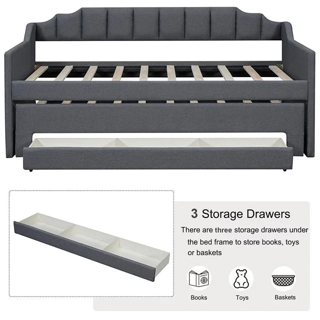 Bellemave Upholstered Daybed with Trundle and 3 Drawers, Twin Size Daybed Frame with Storage, Sofa Bed for Bedroom, Living Room, Guest Room (Gray)