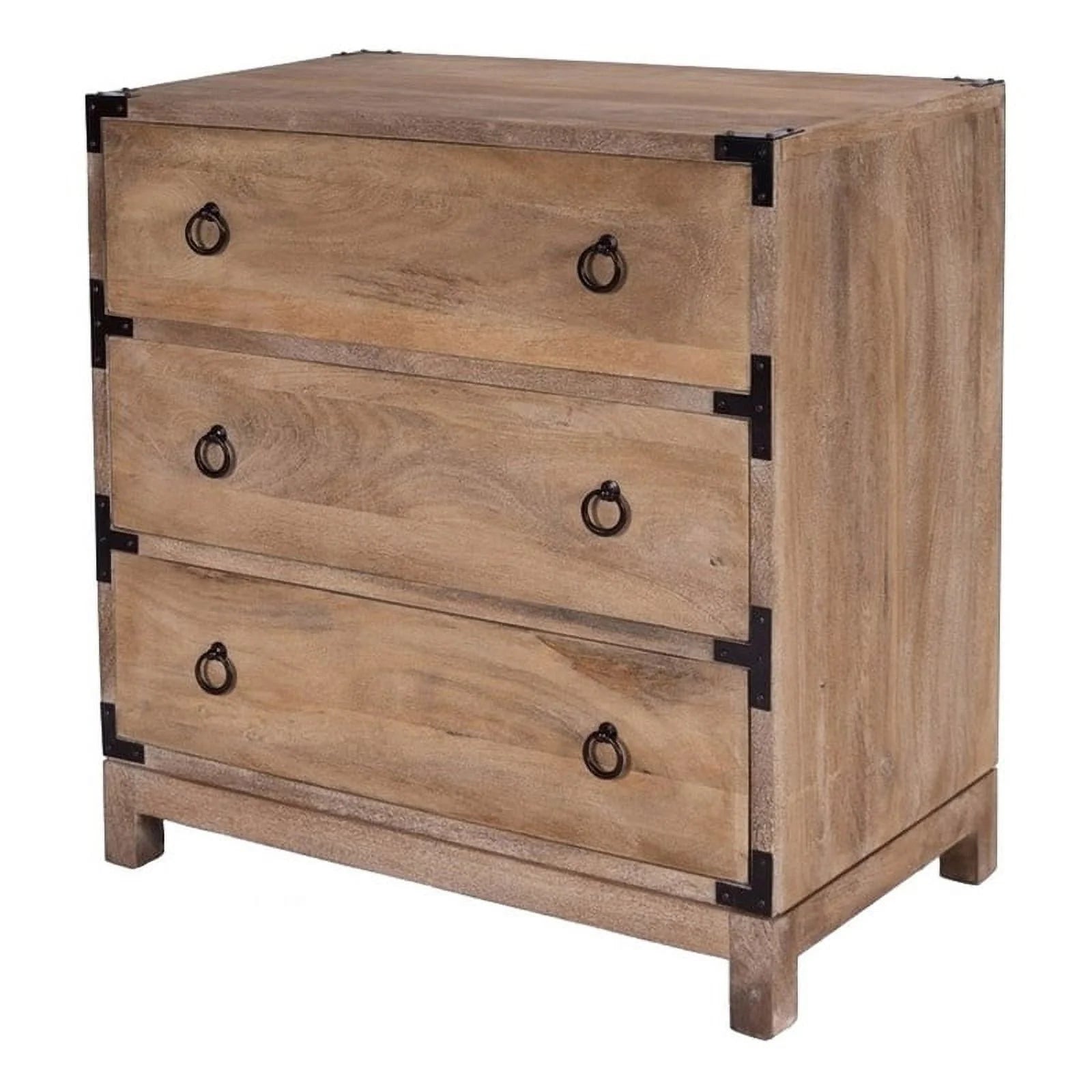 Beaumont Lane 3-Drawer Transitional Wood Campaign Chest in Natural/Dark Bronze