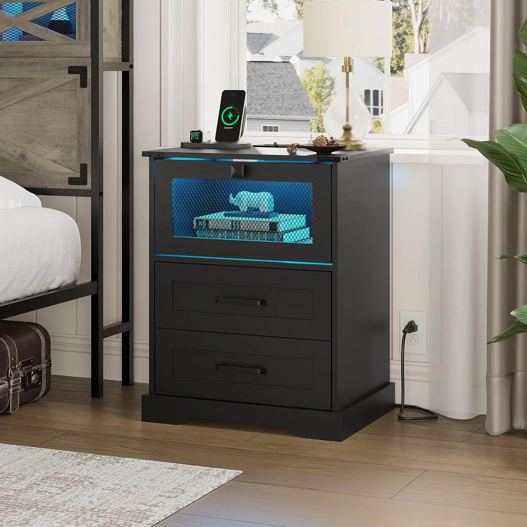 2 Drawers Nightstand with LED Light and Plug Charging Station, Farmhouse End Side Table with 2 Drawers and Open Cubby, Bedside Table for Bedroom,Black