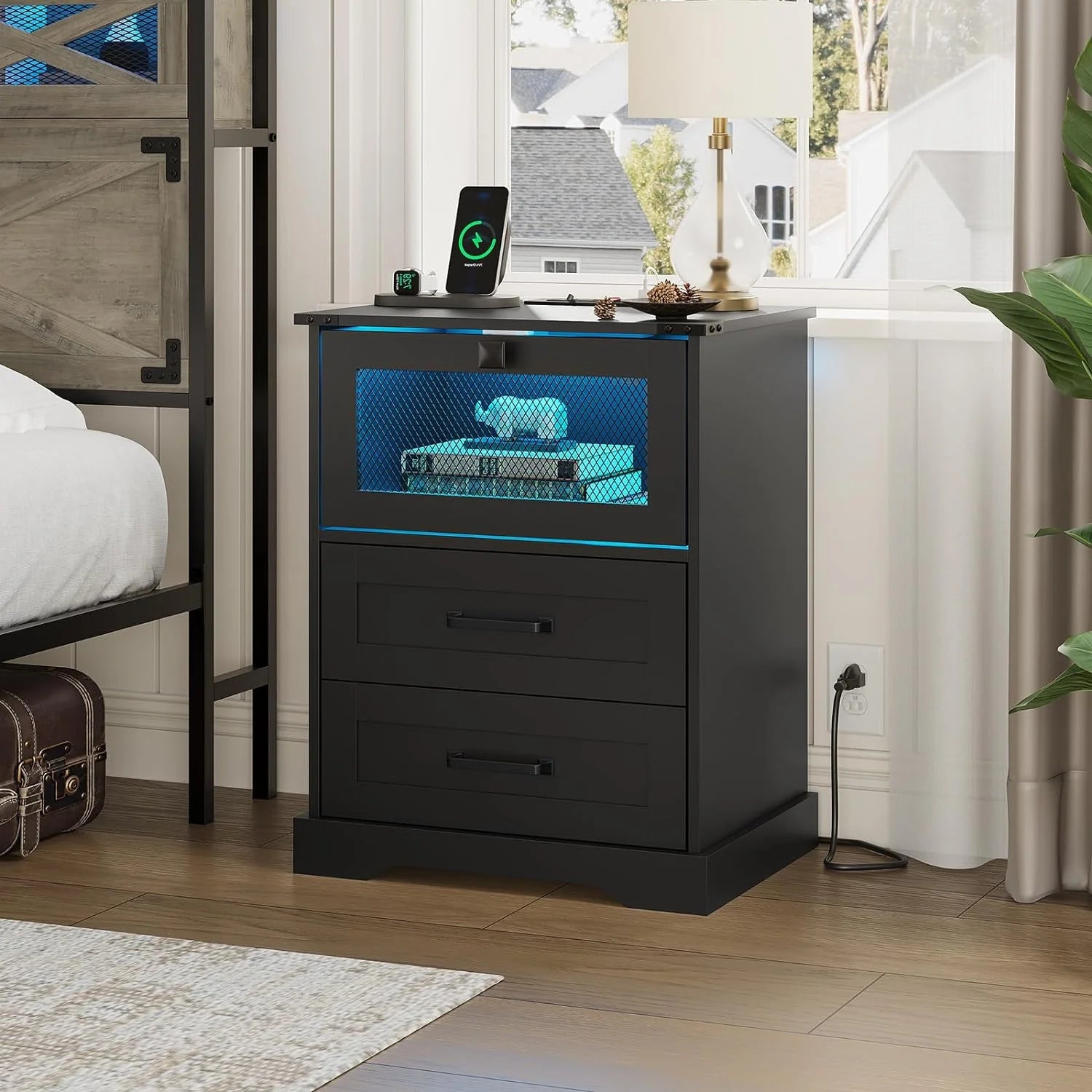 2 Drawers Nightstand with LED Light and Plug Charging Station, Farmhouse End Side Table with 2 Drawers and Open Cubby, Bedside Table for Bedroom,Black