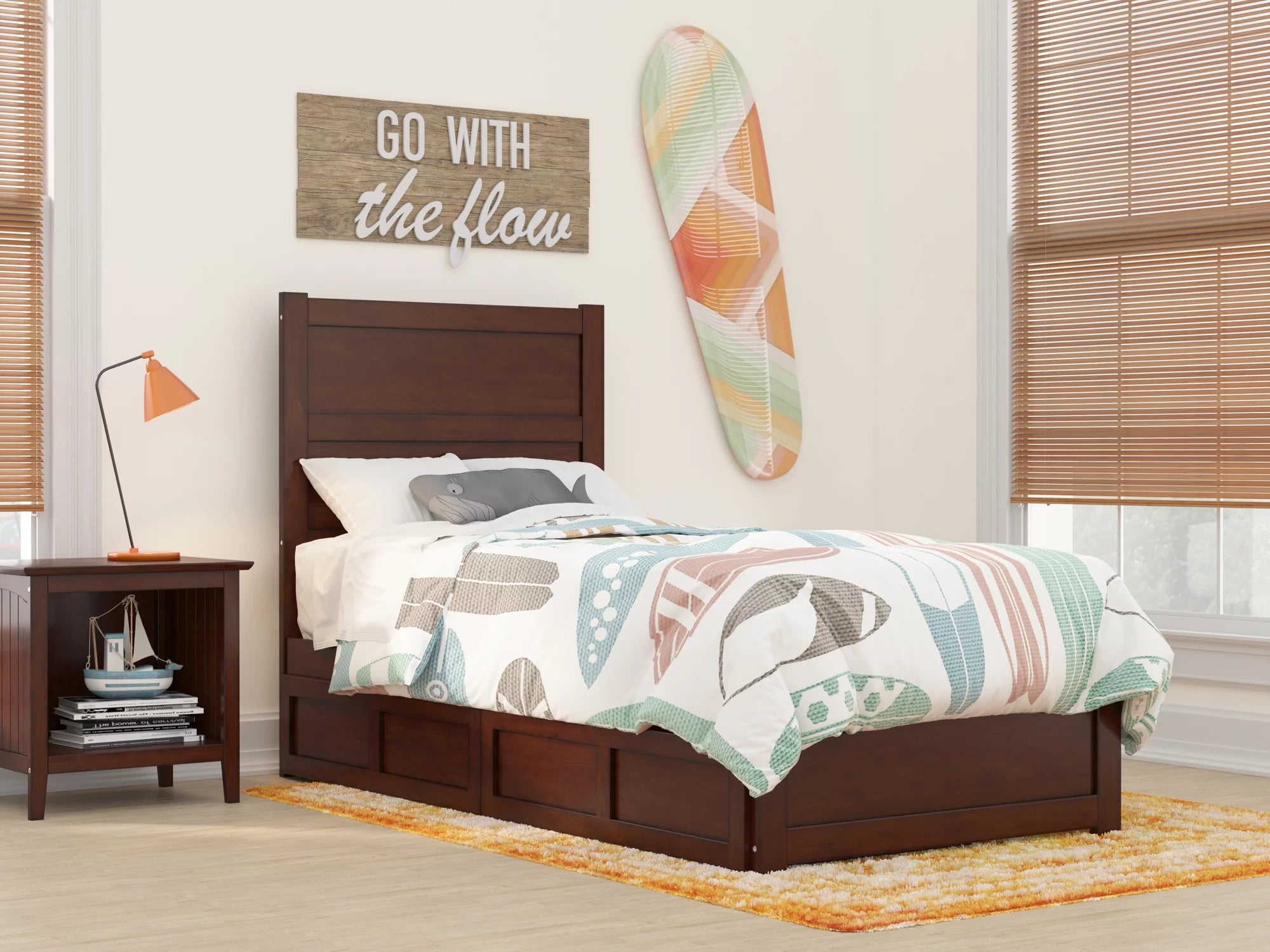 AFI NoHo Twin Wood Platform Bed with Headboard Footboard & 2 Storage Drawers, Walnut