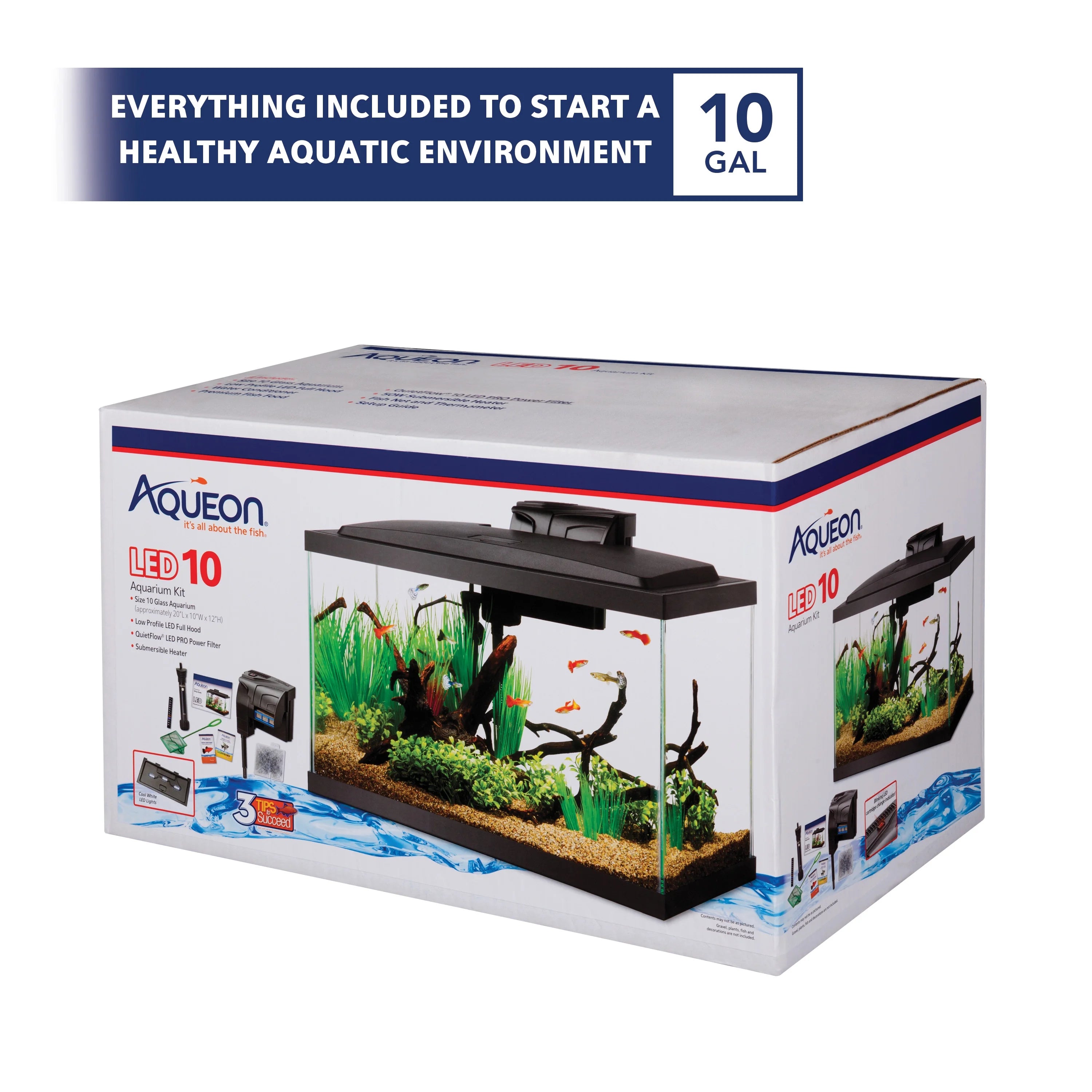 Aqueon Aquarium Starter Kit, 10 Gallon Glass Fish Tank, LED Lighting, Filter and Heater