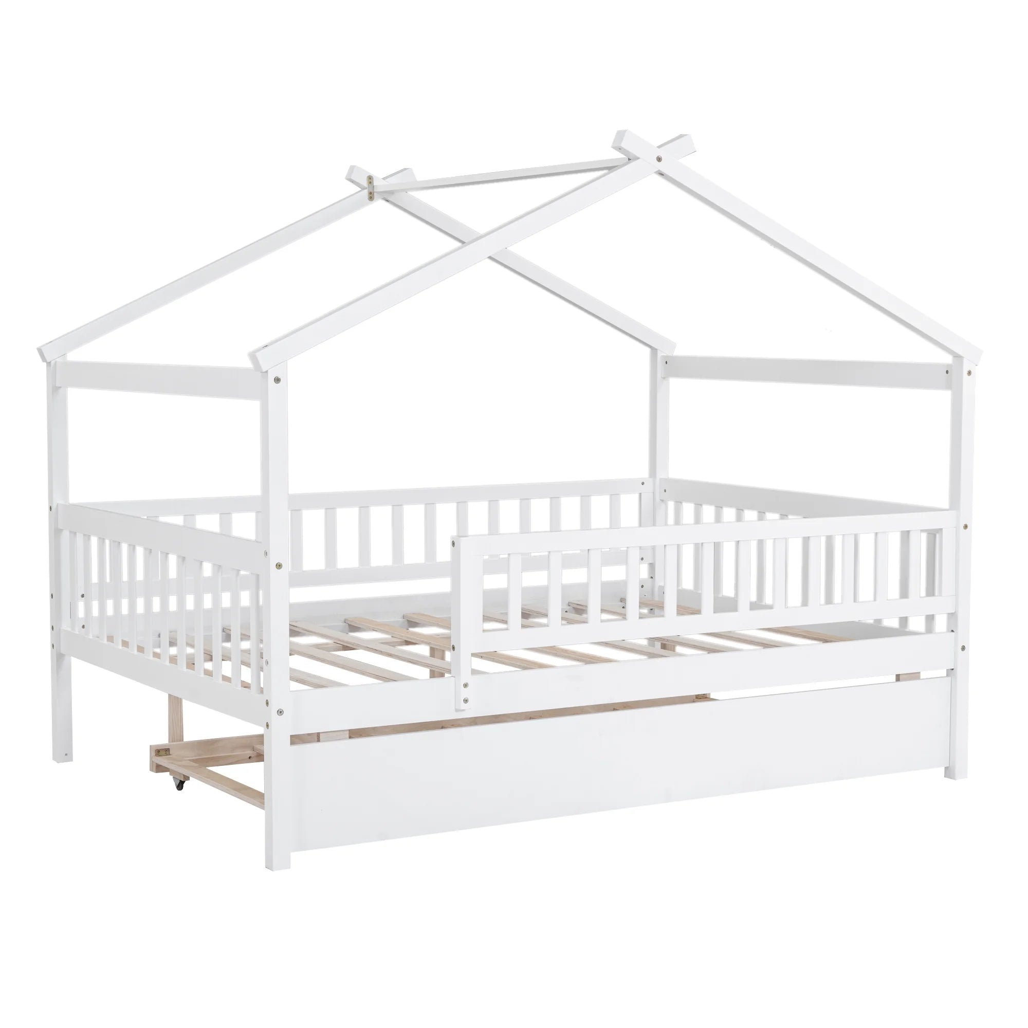 Bellemave Full Size House Bed with Trundle Playhouse Platform Bed Wooden House-shaped Bed Frame with Fence Guardrail and Roof Tent Beds for Kids, Boys, Girls, Teens (White, Full Size)