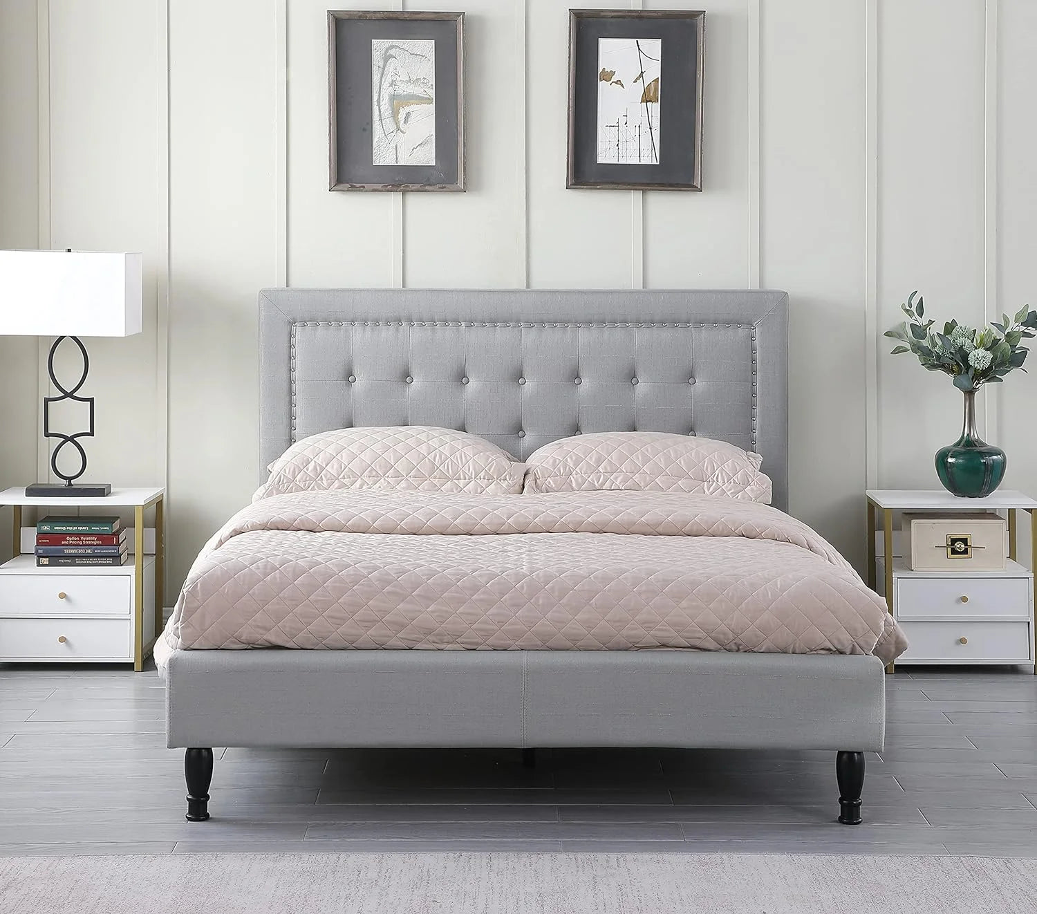 Athena II Premiere Classics Upholstered Linen Cloth Platform Bed II Button Tufted II 43.5" Tall Headboard II Mattress Foundation II Easy Assembly II Grey II Queen Furbed211_Queen_Grey