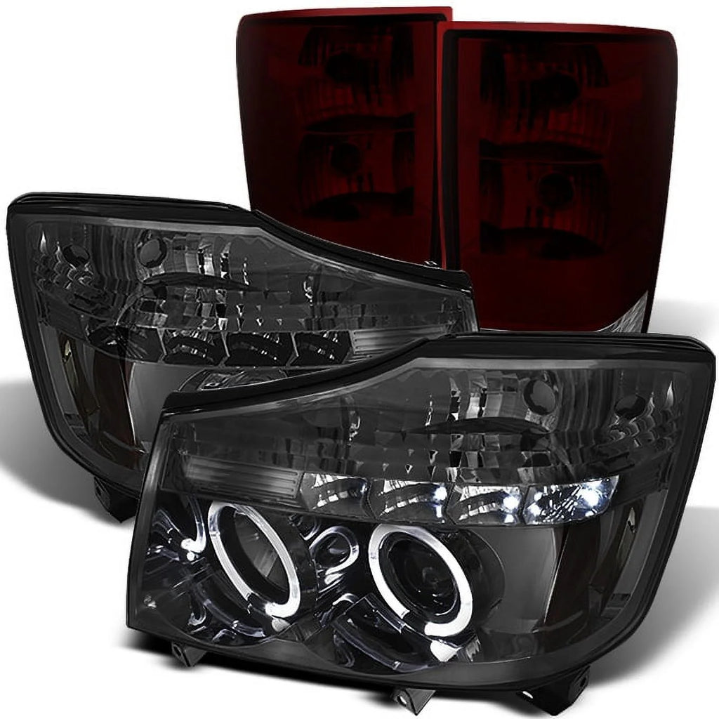 AKKON - For 2004-2015 Titan Smoked Dual Halo LED Projector Headlights + Dark Red Tail Light Lamp