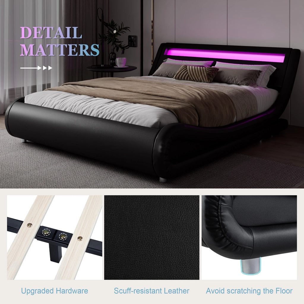 Amolife Queen Size Wave-Like Curve Deluxe Upholstered Modern Bed Frame with LED Headboard, Black