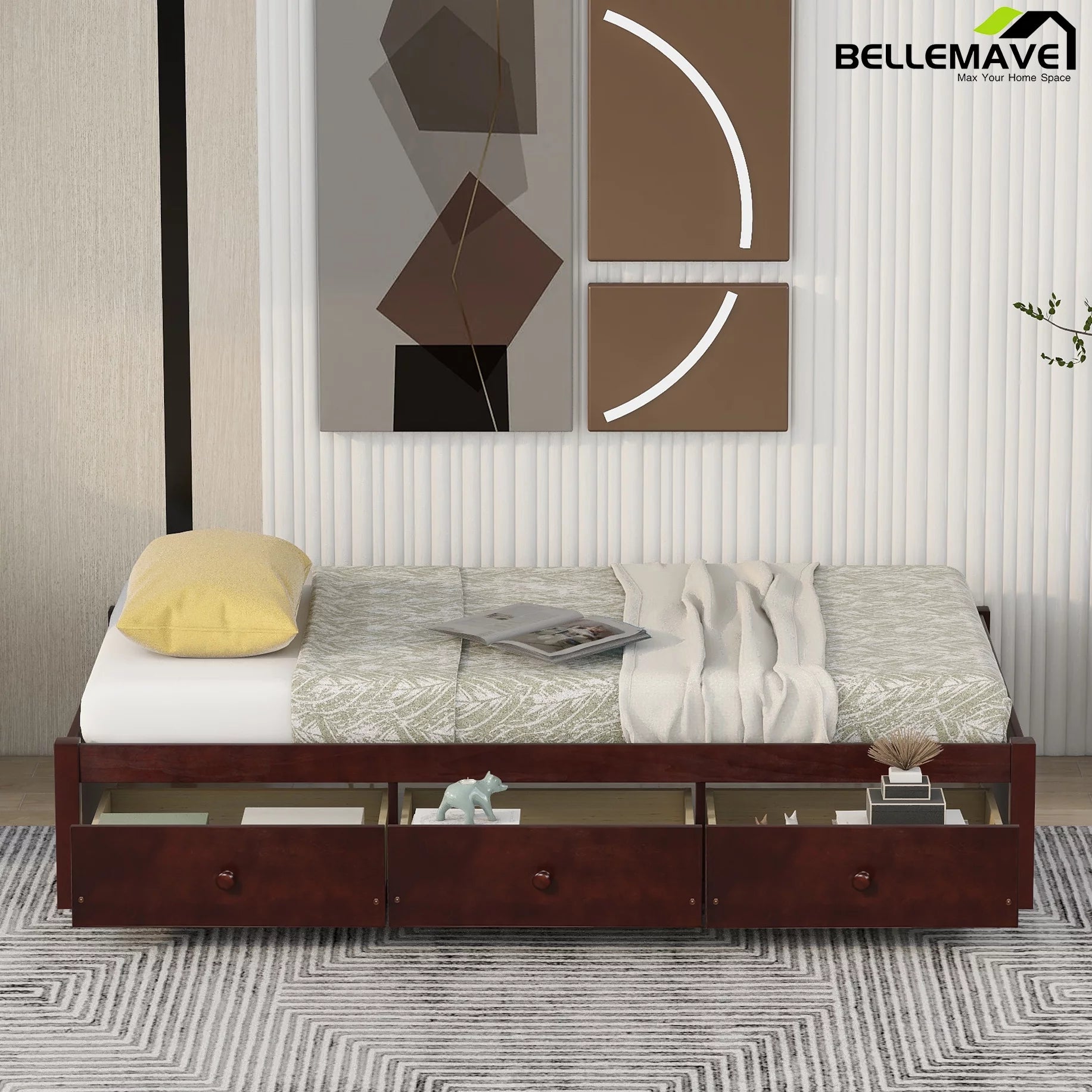 Bellemave Twin Size Platform Bed with Storage Drawers Twin Size Storage Bed with Wooden Slats Space Saving Wood Bed Frame for Kids Teens No Box Spring Needed, Cherry Brown