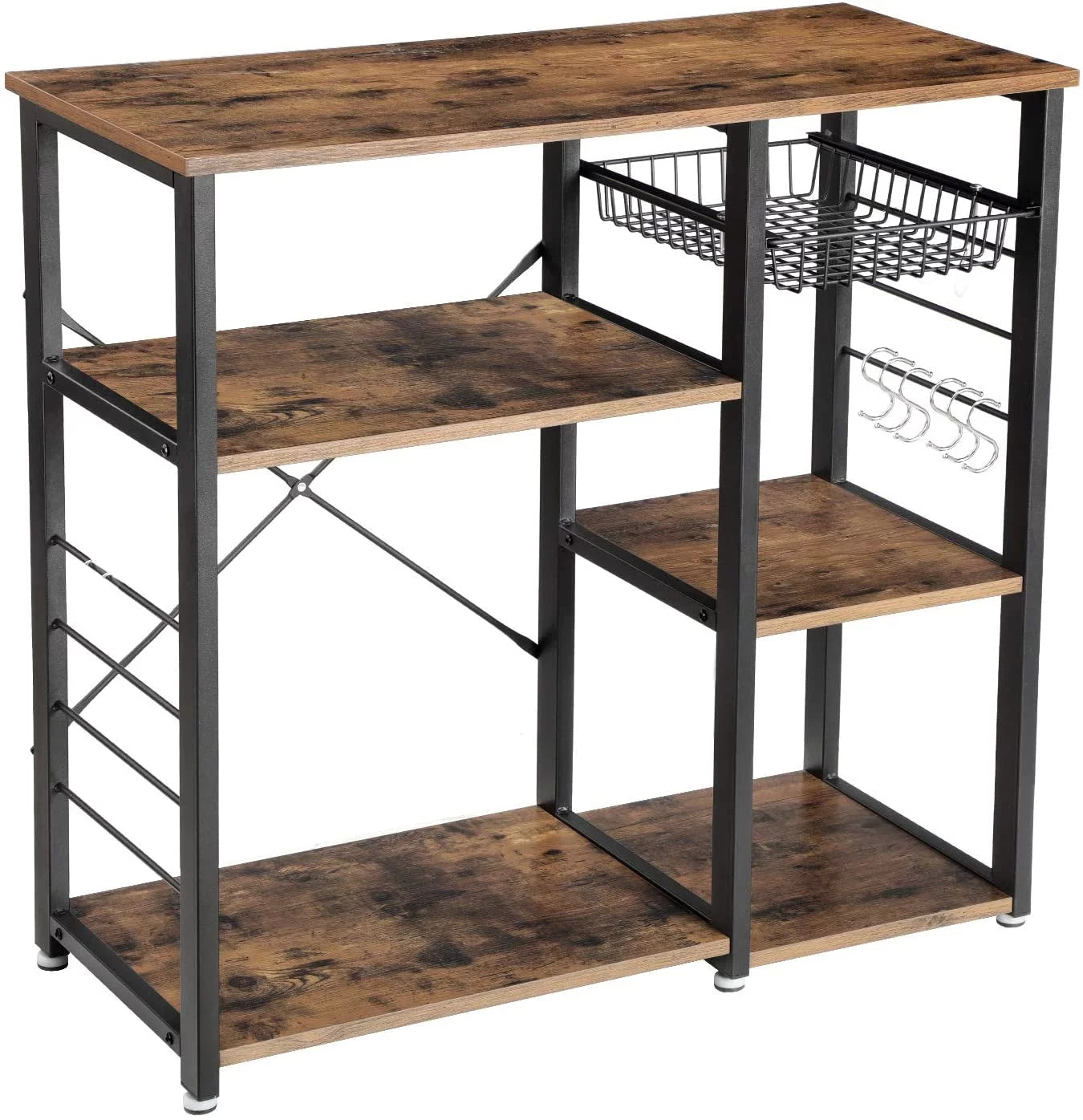 35" Industrial Kitchen Baker's Rack, Coffee Bar, Microwave Oven Stand Metal Frame, Wire Basket 6 Hooks Mini Oven