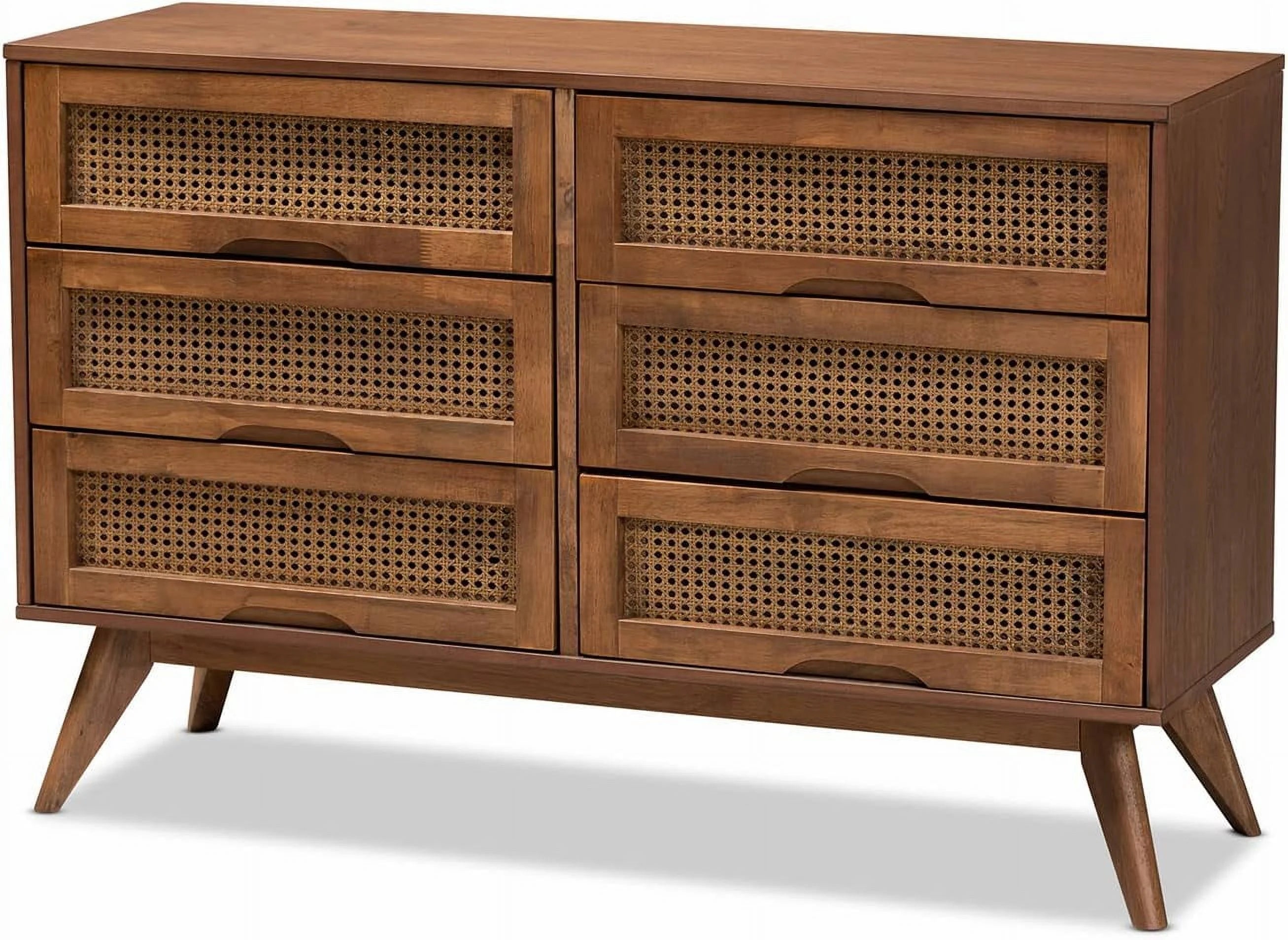Barrett -Century Modern Walnut Brown Finished Wood And Synthetic Rattan 6-Drawer Dresser