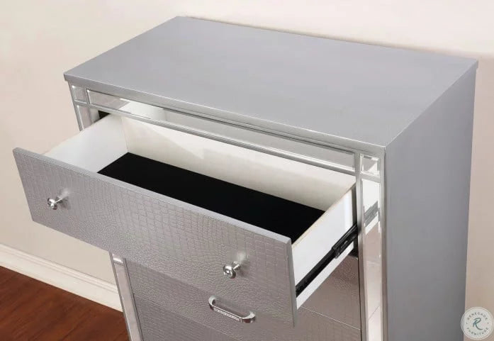 3pc Bedroom Furniture Silver Cal King Size Bed And 2x Nightstands LED Gray Leatherette Headboard Crocodile Texture Footboard