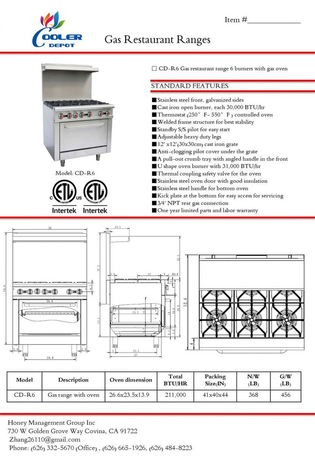 36" Width, 6 Burners, Commercial Range & Oven,  Natural Gas and Propane, NSF/ETL Certified, Thermostat, Stainless Steel Galvanized and Cast iron Grate For Restaurant Heavy Duty, 211000 BTU