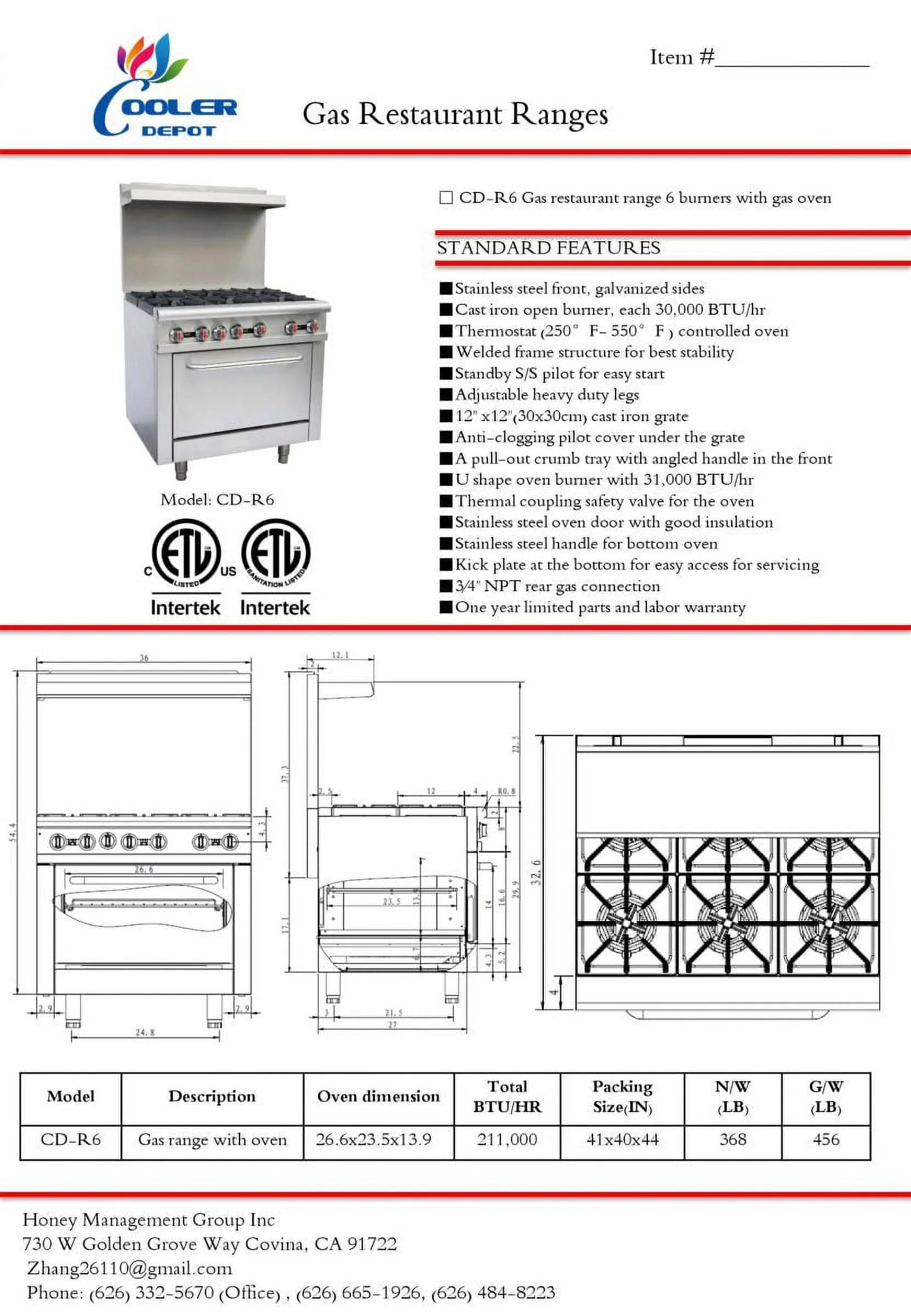 36" Width, 6 Burners, Commercial Range & Oven,  Natural Gas and Propane, NSF/ETL Certified, Thermostat, Stainless Steel Galvanized and Cast iron Grate For Restaurant Heavy Duty, 211000 BTU