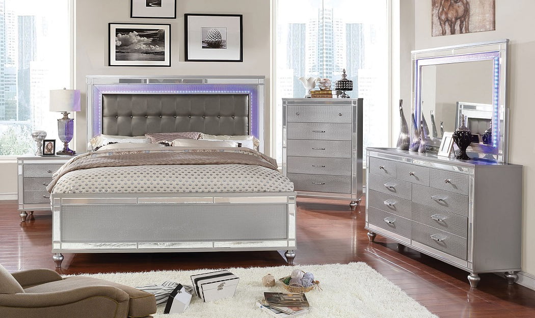 3pc Bedroom Furniture Silver Cal King Size Bed And 2x Nightstands LED Gray Leatherette Headboard Crocodile Texture Footboard