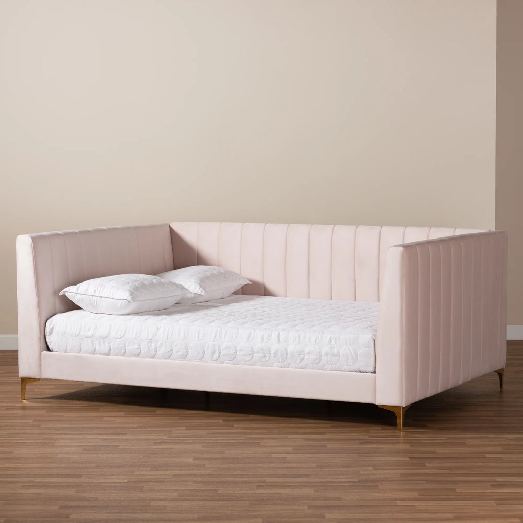 Baxton Studio Oksana Modern Contemporary Glam and Luxe Light Pink Velvet Fabric Upholstered and Gold Finished Queen Daybed
