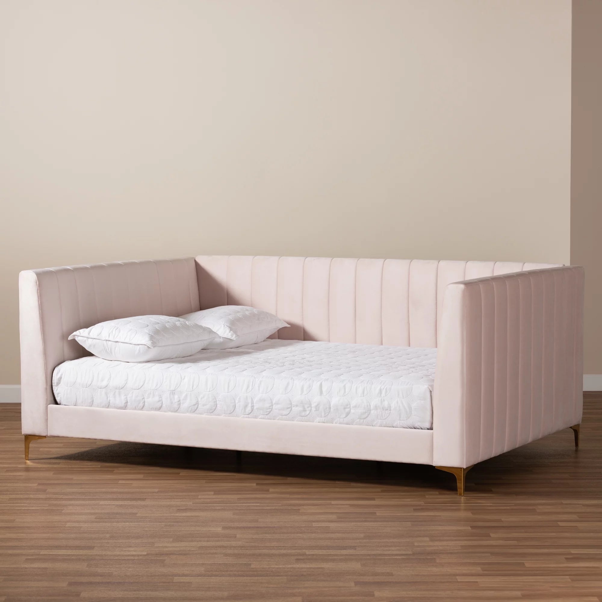 Baxton Studio Oksana Modern Contemporary Glam and Luxe Light Pink Velvet Fabric Upholstered and Gold Finished Queen Daybed
