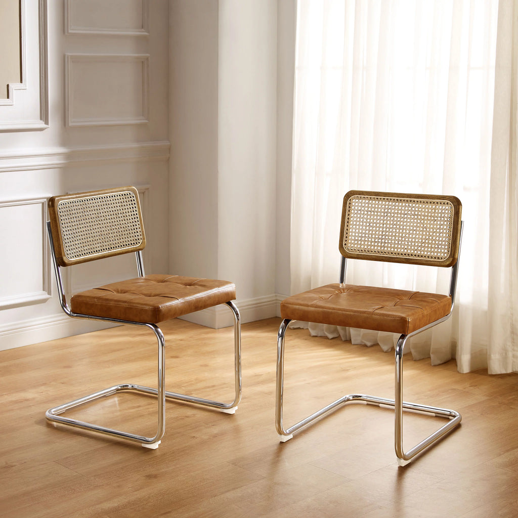 Art Leon Dining Chairs Set of 2,Rattan Upholstered Side Chairs with Cane Back, Faux Leather Dining Room Chairs, Yellow Brown