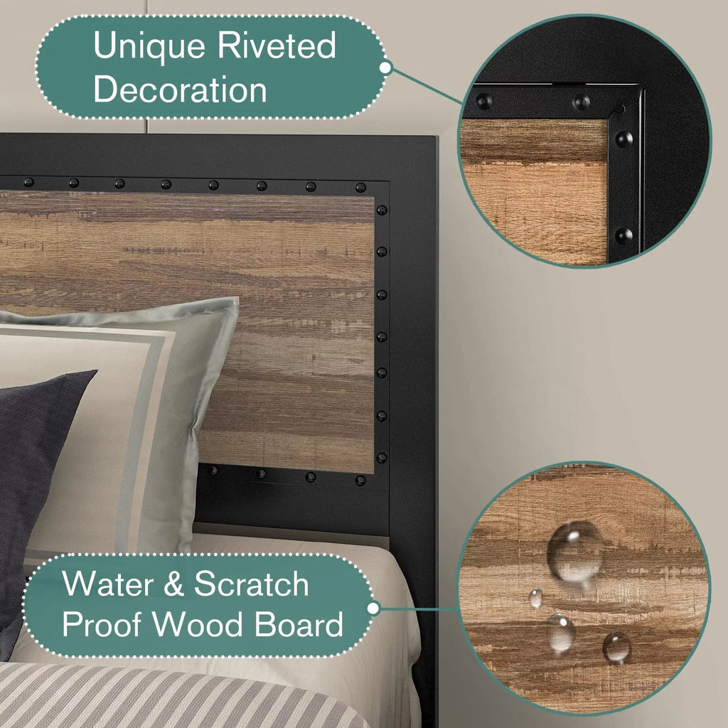 Allewie Brown Queen Size Metal Platform Bed Frame with Rivet Headboard and Black Frame, Industrial Wooden Headboard